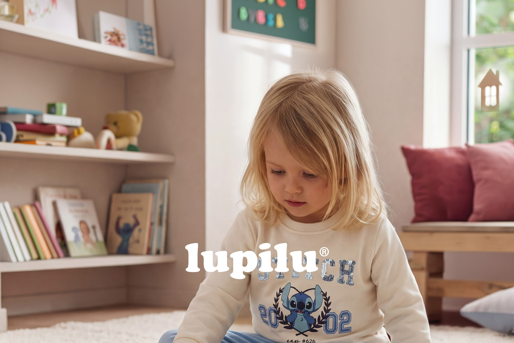Bambina con maglietta a maniche lunghe con stampa di Stitch, seduta in una stanza con scaffali pieni di libri.