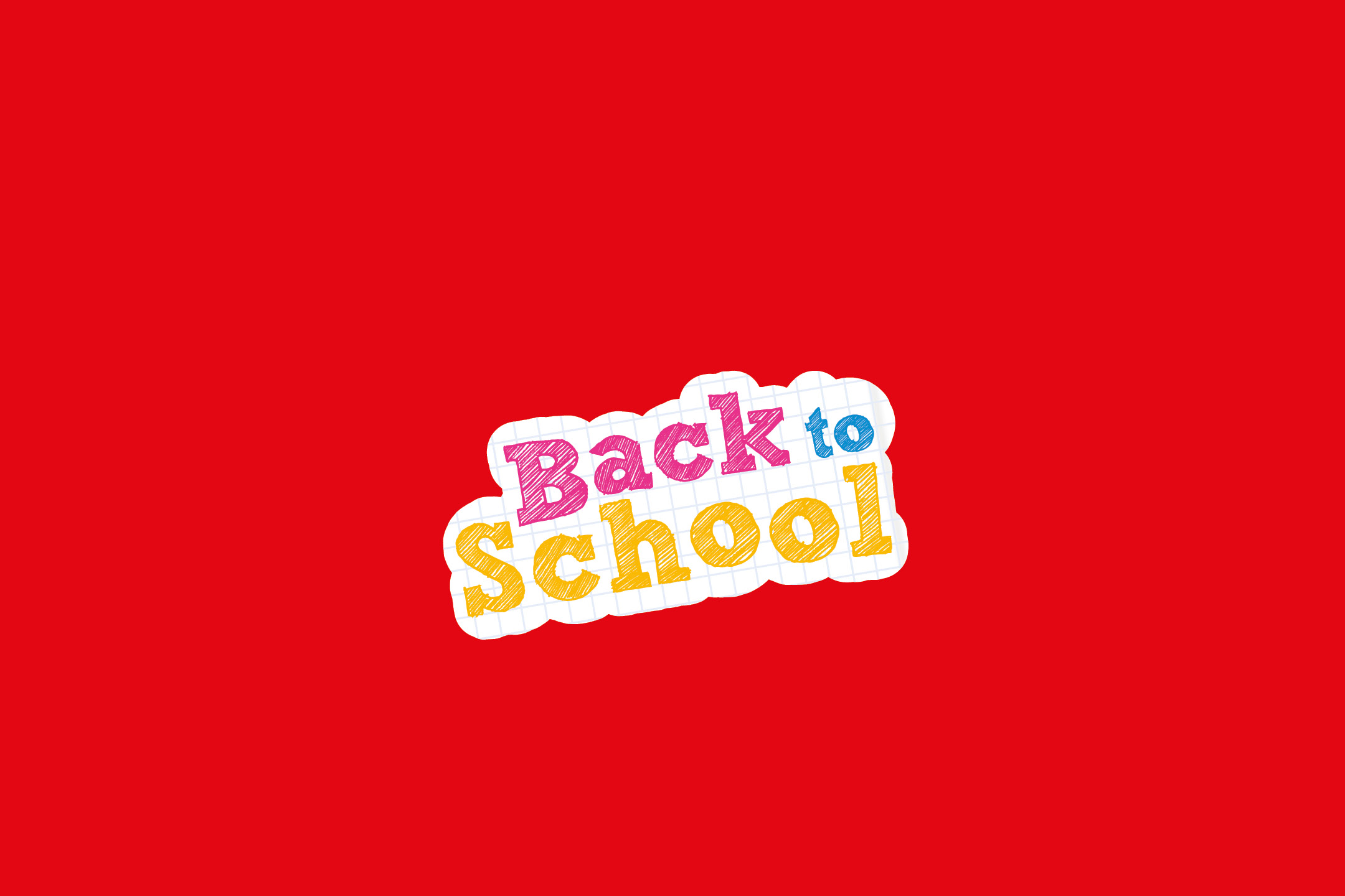 Sfondo rosso con la scritta colorata 'Back to School' su un foglio a quadretti.