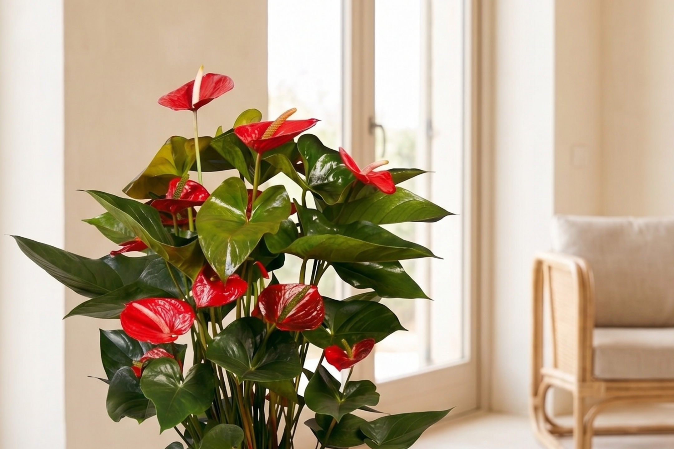 Pianta di anthurium rosso in un interno luminoso con una poltrona in rattan.