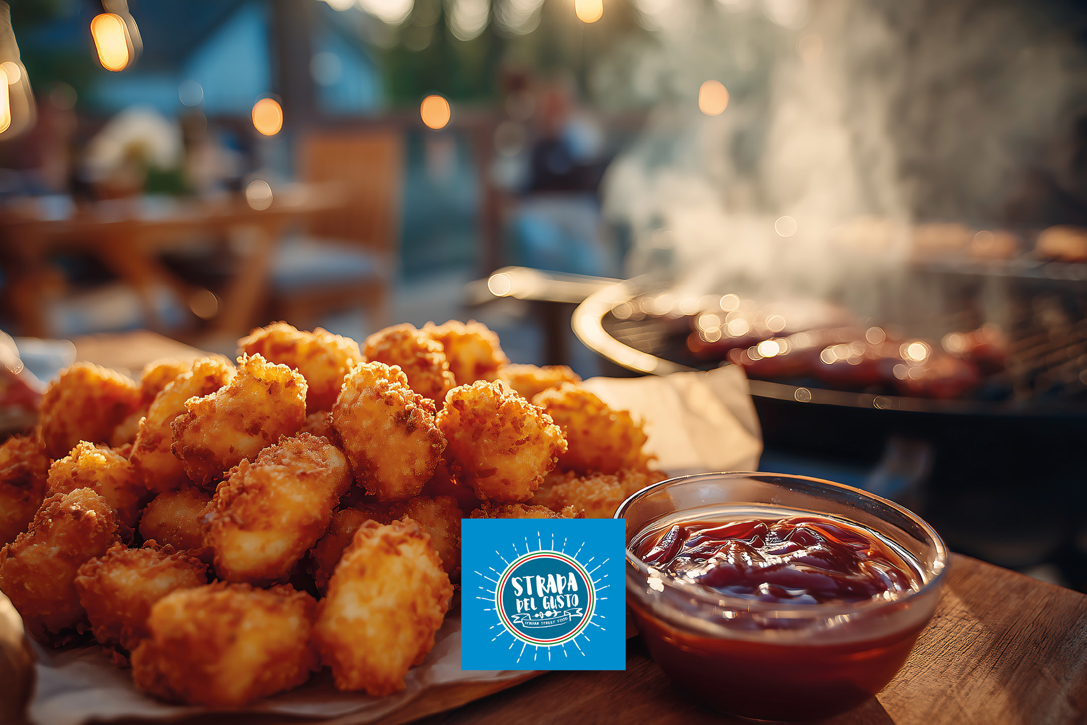 Crocchette di pollo fritte dorate con salsa barbecue, con griglia e logo 'Strada del Gusto' sullo sfondo.