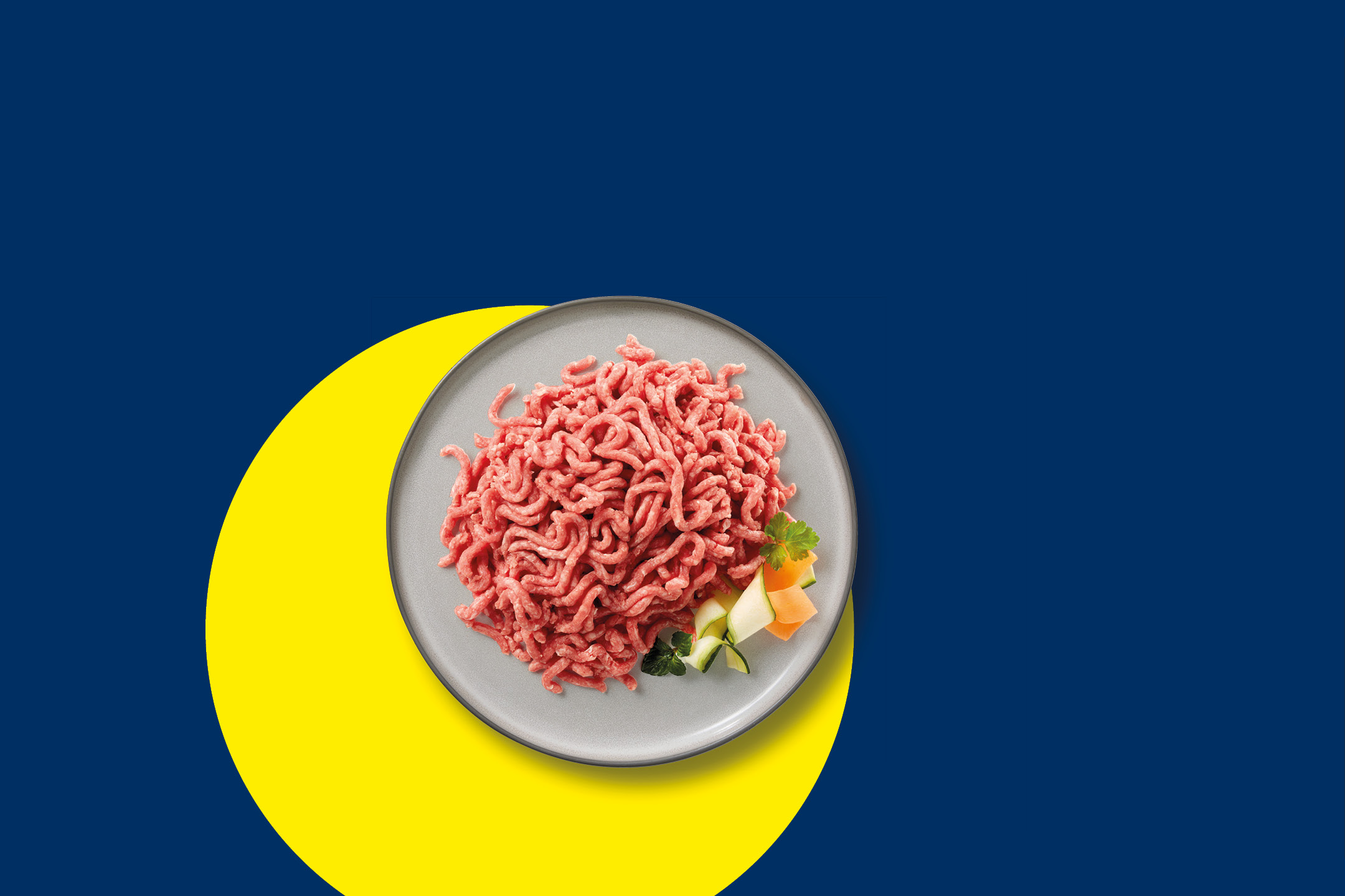 Carne macinata su un piatto grigio con verdure, su sfondo blu e giallo.