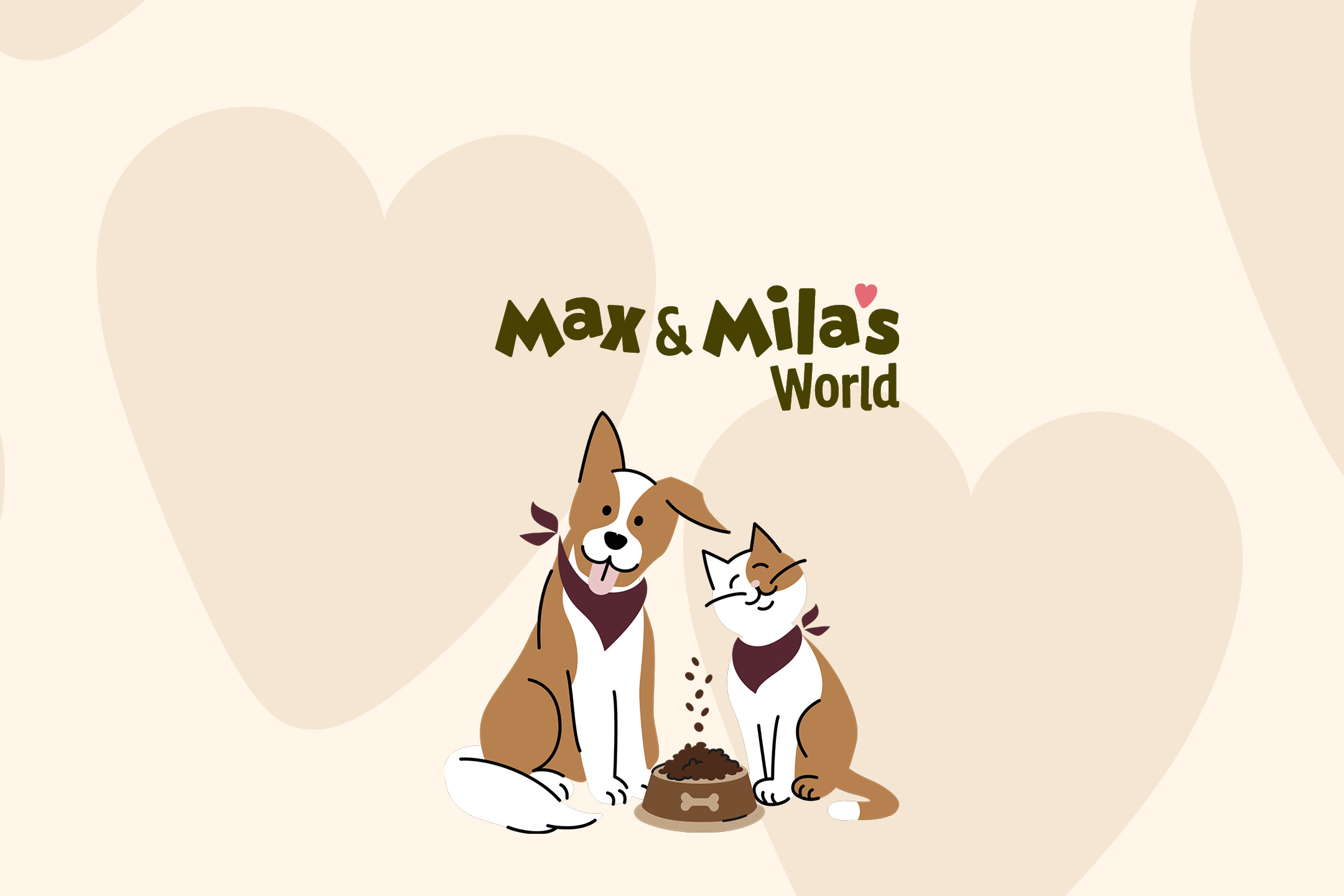 Illustrazione di un cane e un gatto con una ciotola di cibo e la scritta Max & Mila's World.
