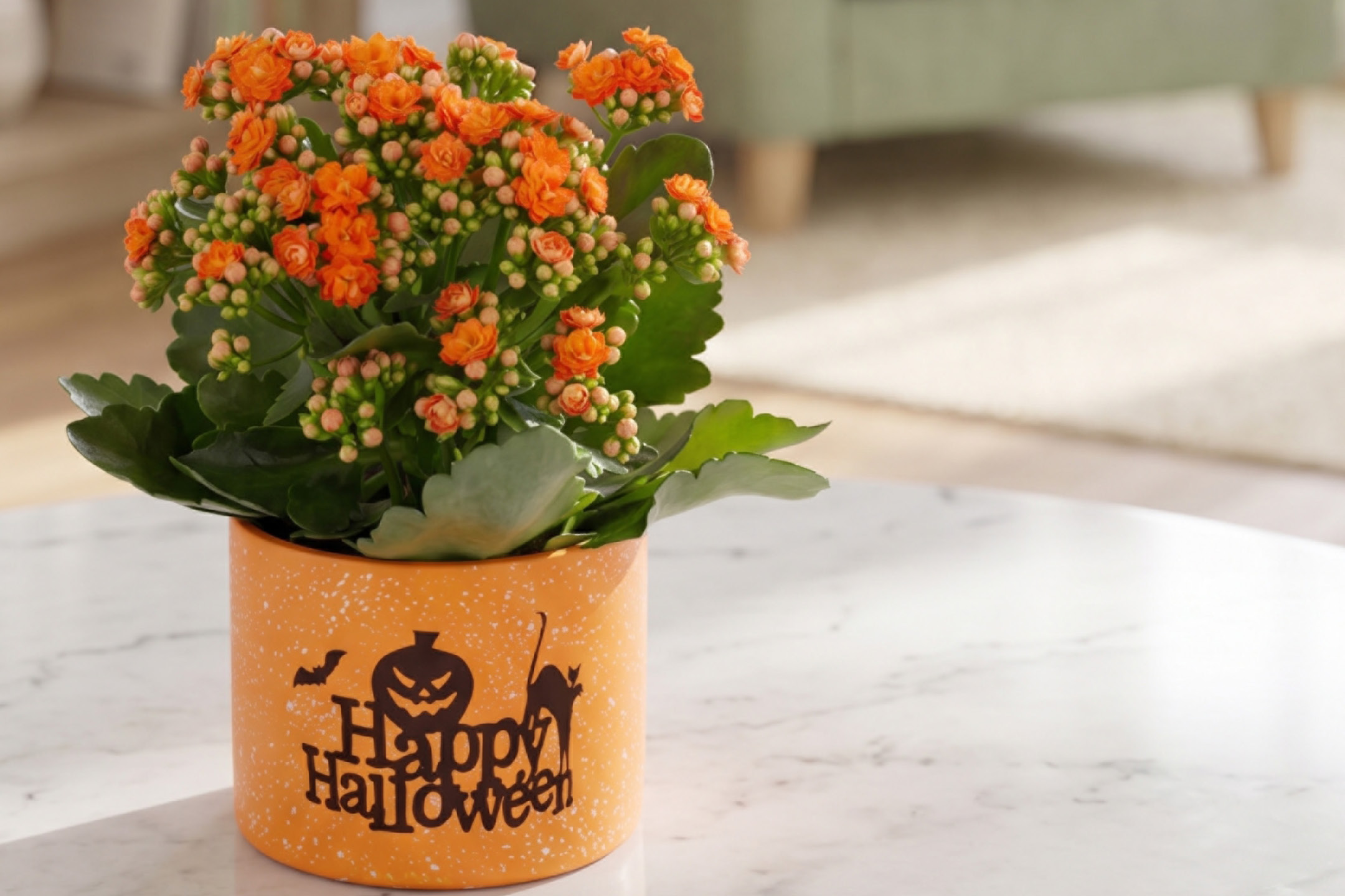 Pianta di Kalanchoe fiorita in vaso su un tavolo.