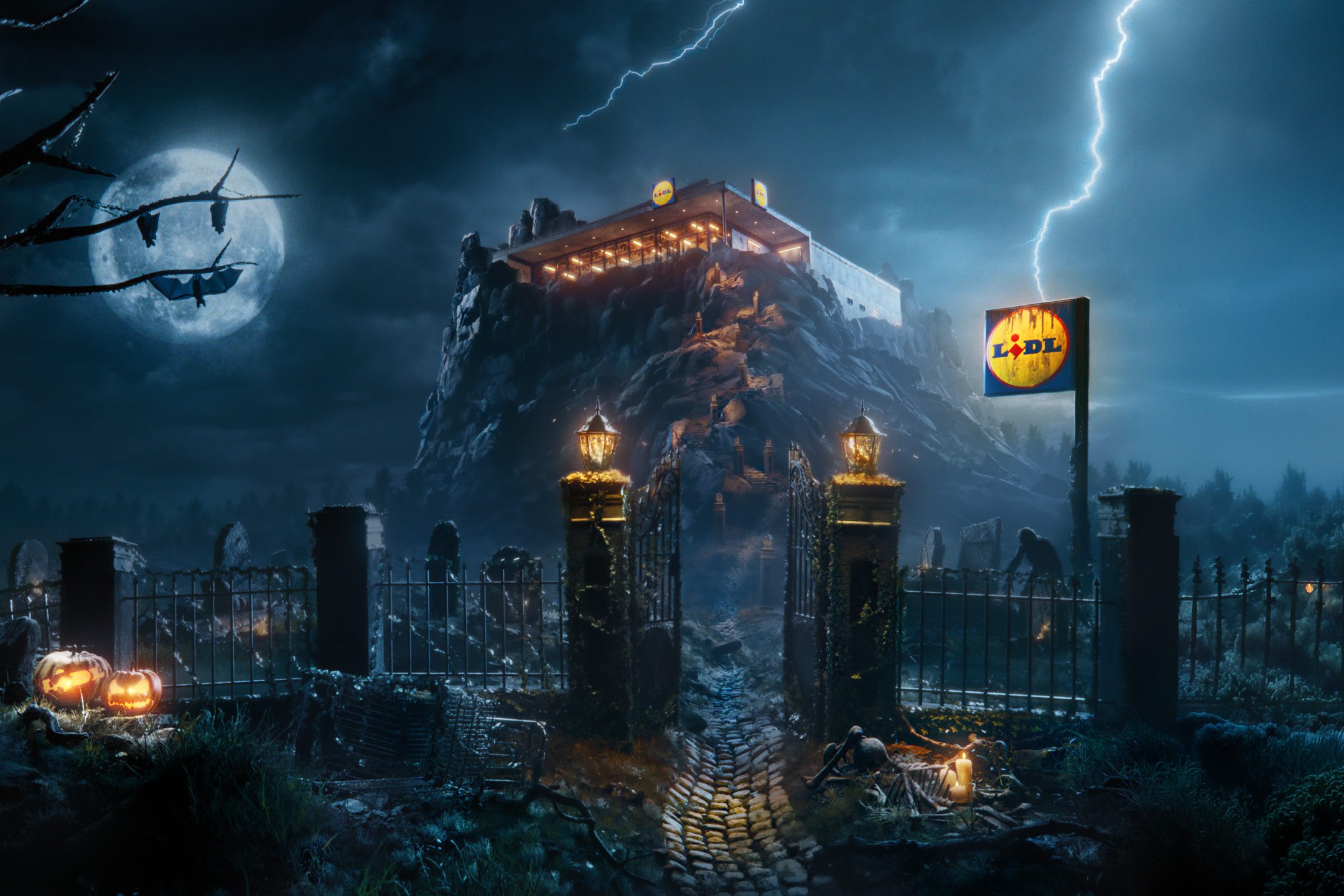 Un supermercato in stile castello di Dracula arroccato su una collina spettrale ad Halloween.