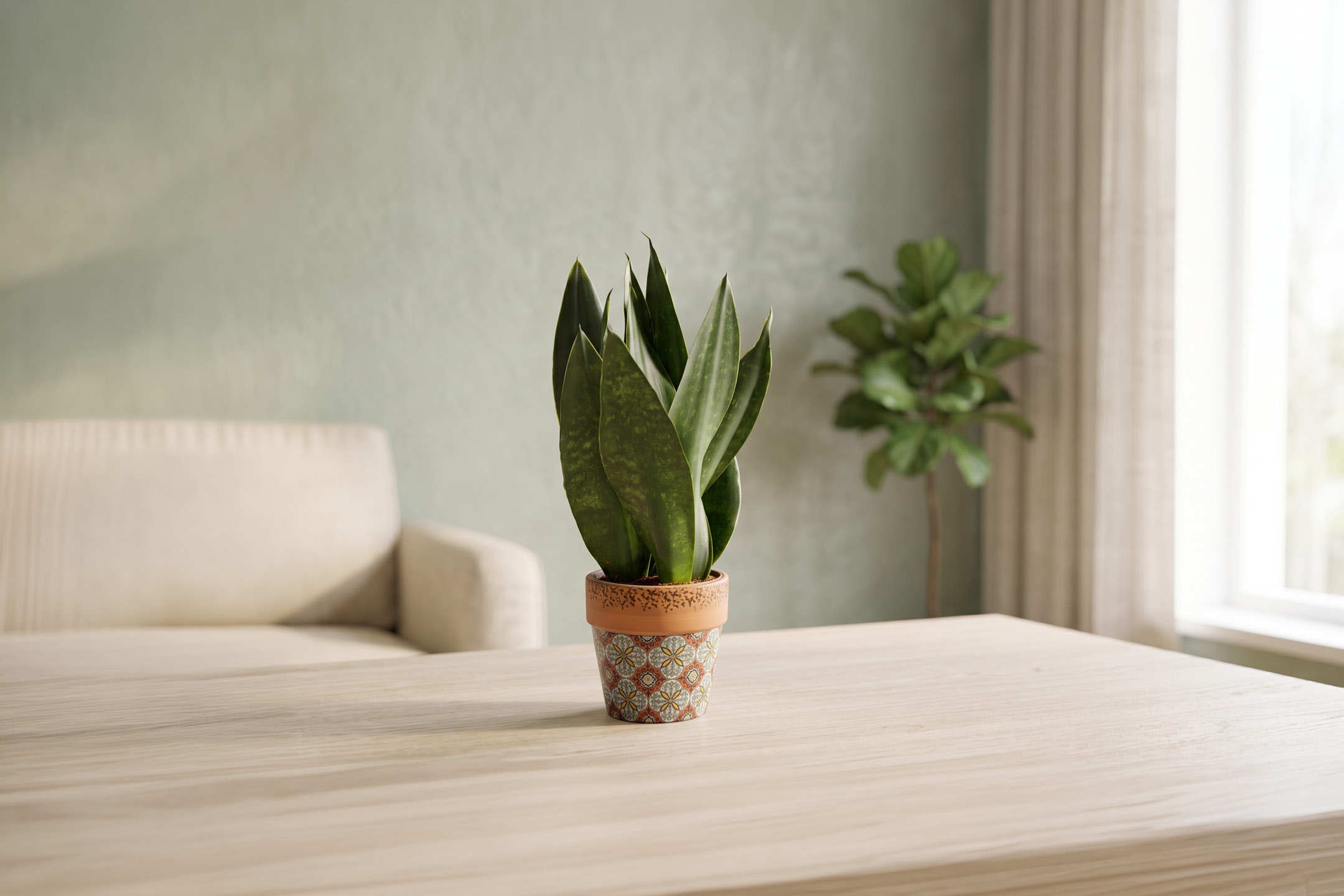Pianta di Sansevieria in vaso di terracotta in un soggiorno luminoso.