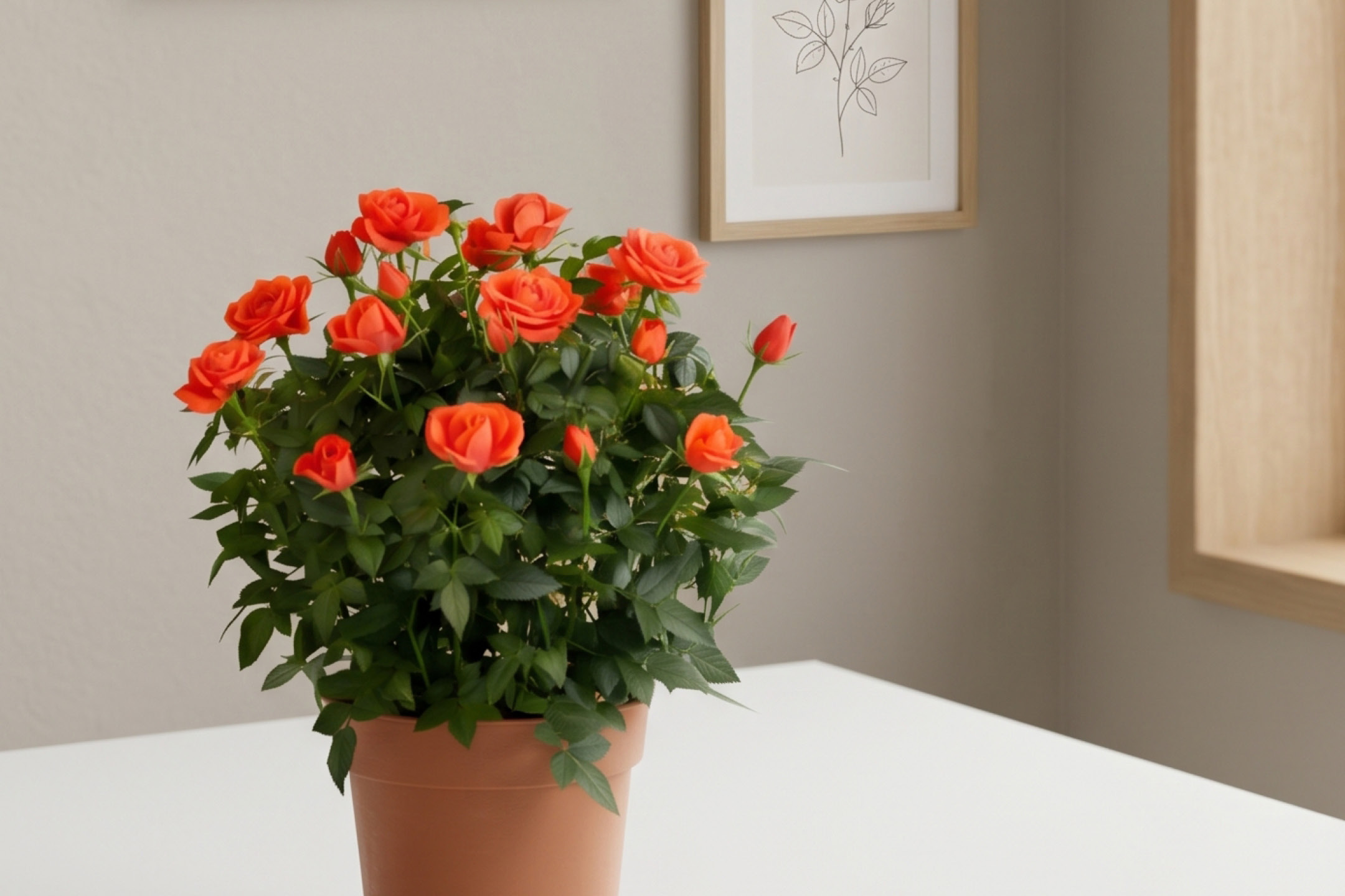 Una rigogliosa pianta di rose arancioni in vaso vicino a una finestra.