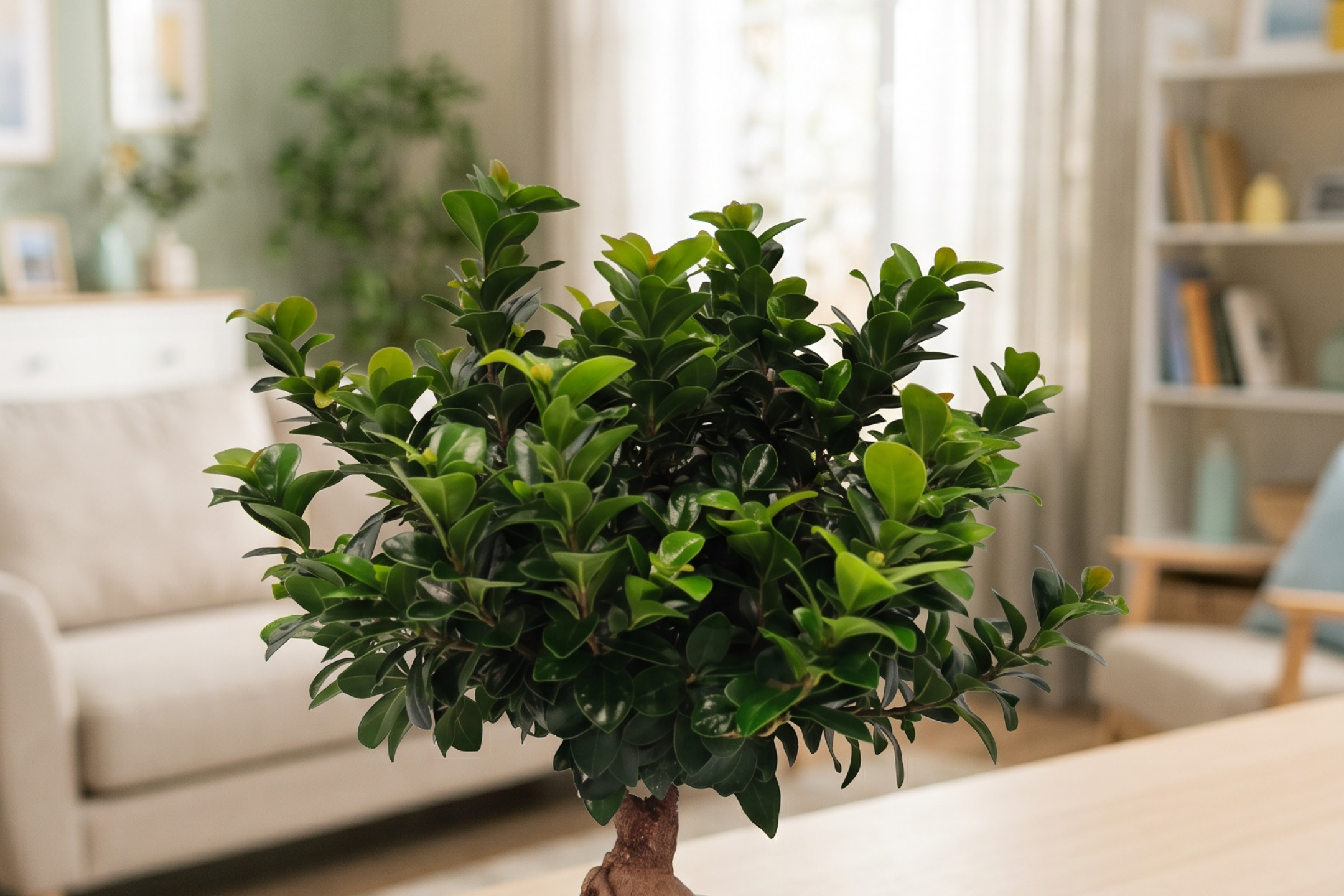 Vista dettagliata di una pianta verde rigogliosa con foglie piccole e lucide.