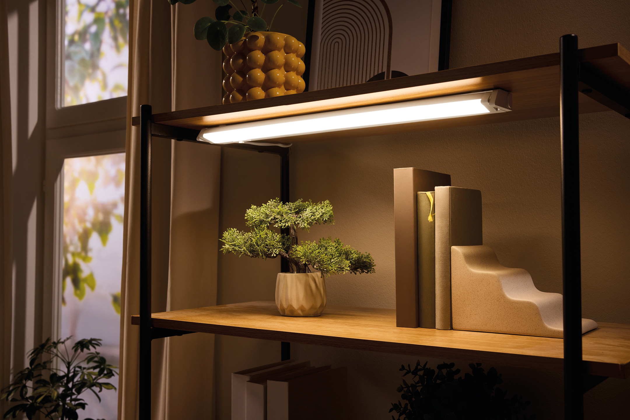 Luce LED sottopensile su uno scaffale in legno con piante e libri.