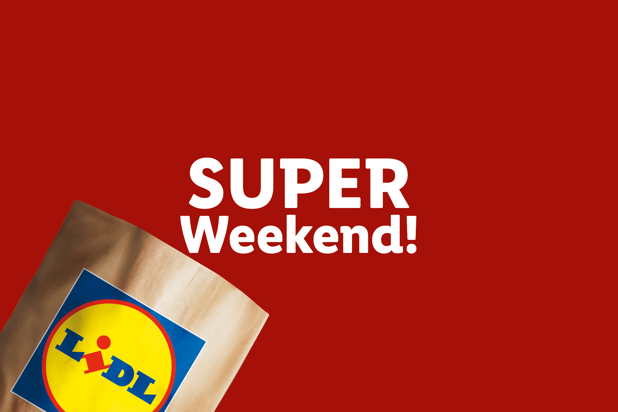 Borsa di carta Lidl con la scritta 'SUPER Weekend!' su sfondo rosso.