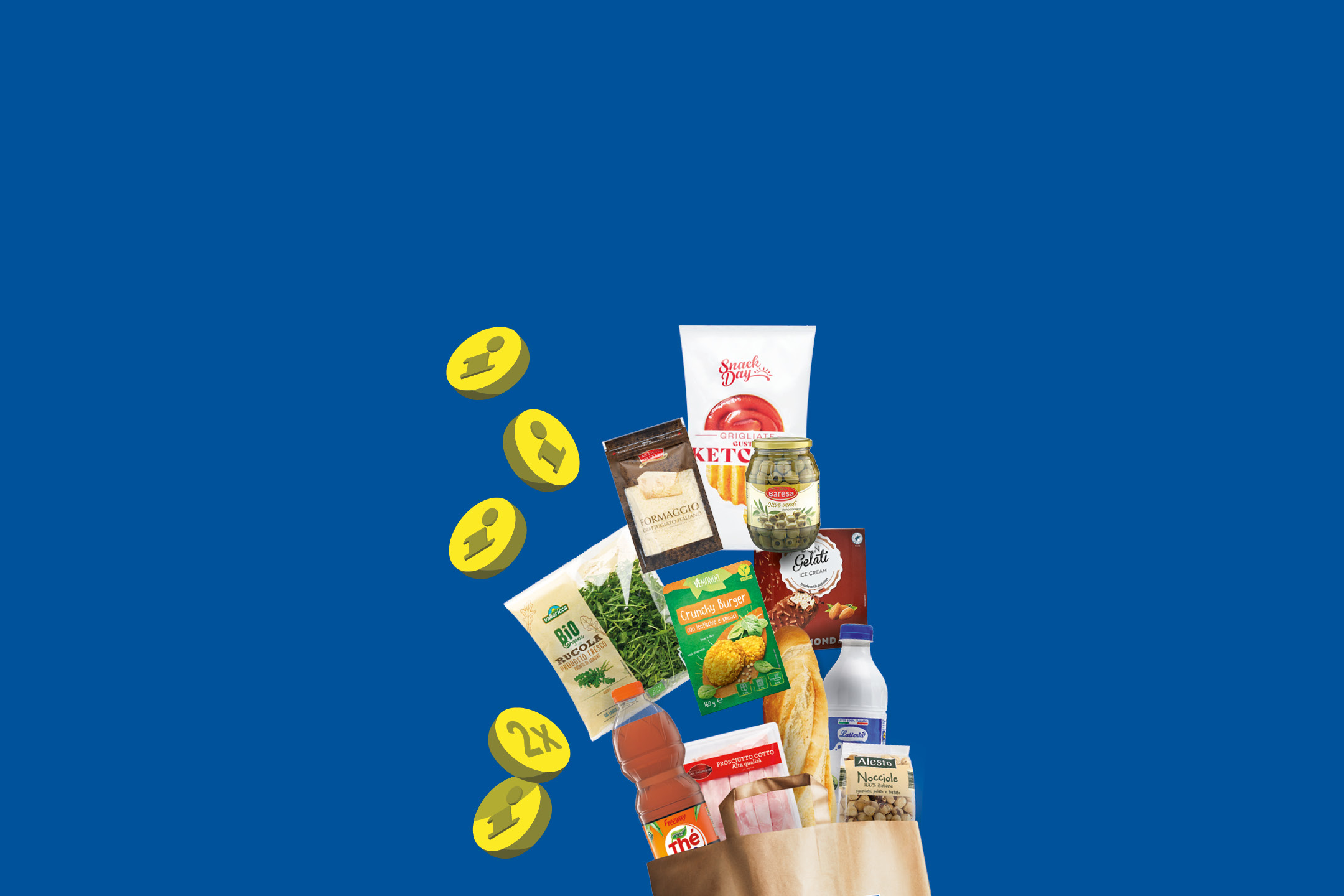 Una busta della spesa piena di generi alimentari come rucola, formaggio, olive, burger vegetali, gelato, latte e nocciole, con monete dorate che cadono.
