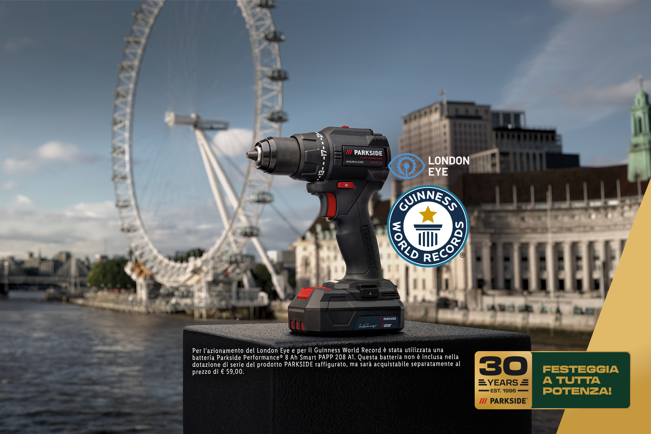 Un trapano avvitatore senza fili con lo skyline di Londra e il London Eye sullo sfondo, con il logo Guinness World Records e un banner che celebra 30 anni di potenza.