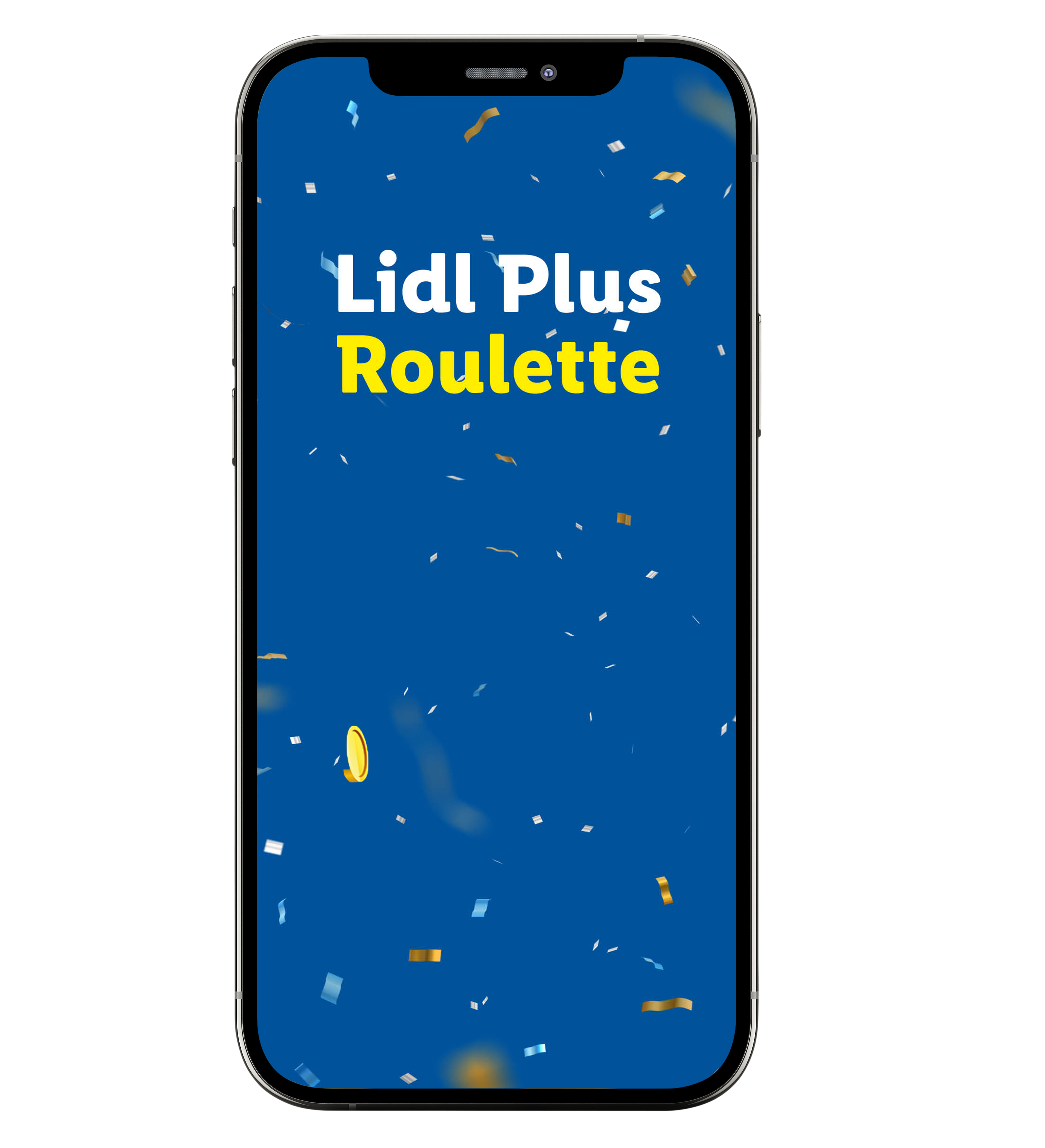 Schermata di un telefono con la scritta 'Lidl Plus Roulette' e coriandoli.