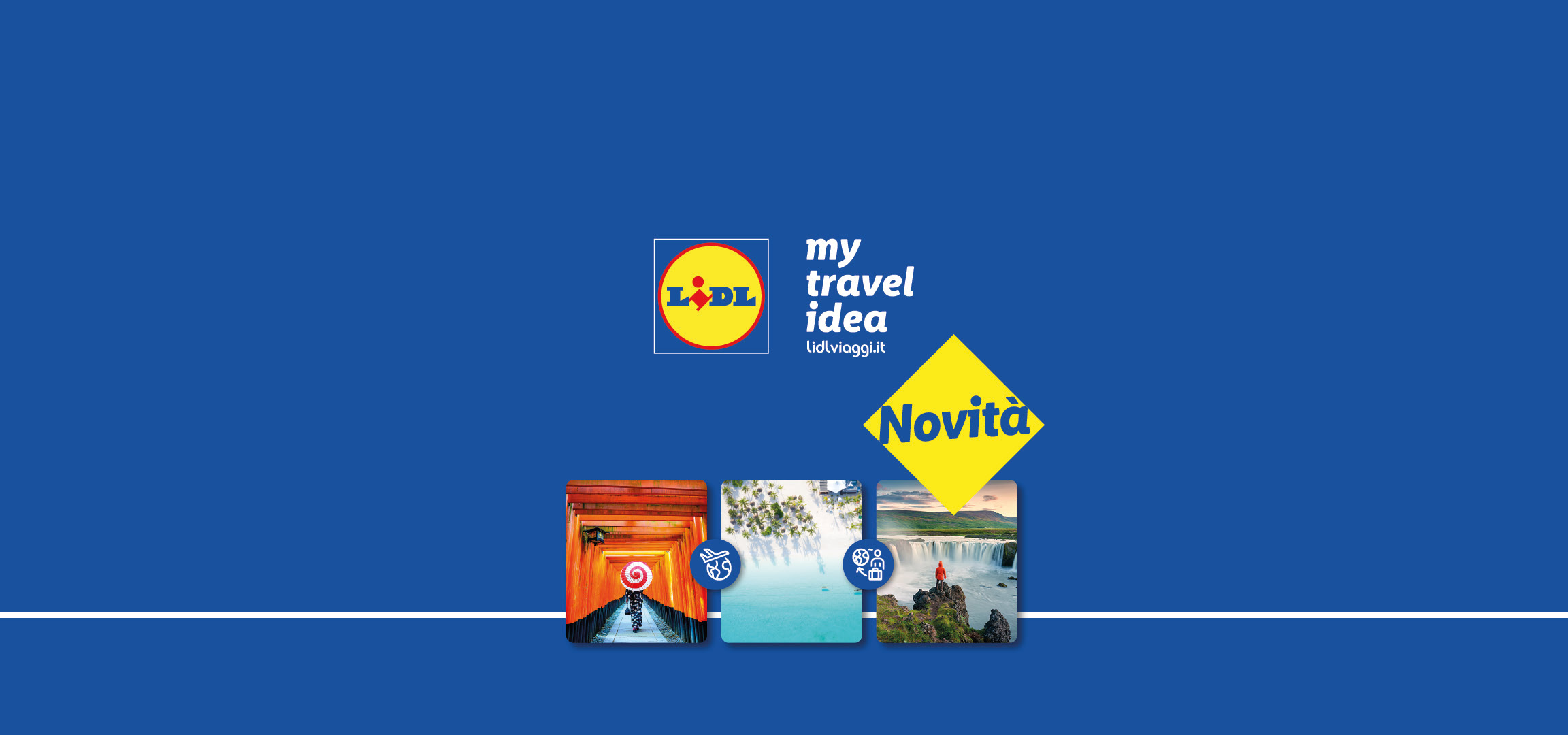Lidl Viaggi: Novità My Trave Idea con immagini di un tempio giapponese, una spiaggia tropicale e una cascata.