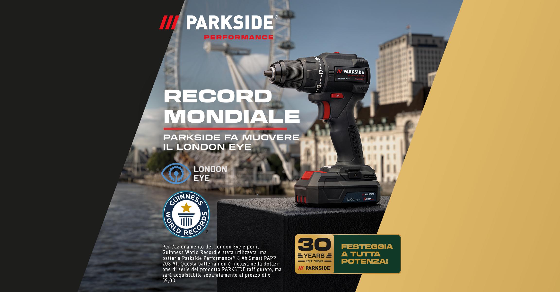Trapano avvitatore a batteria con lo sfondo del London Eye, celebrazione del record mondiale e 30 anni di attività.