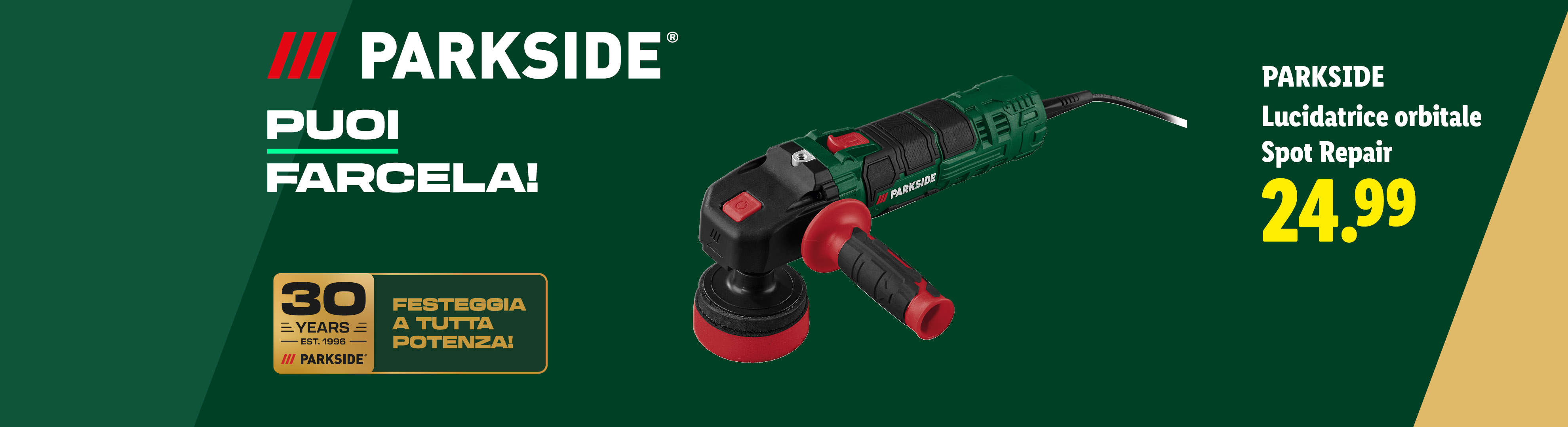 Lucidatrice orbitale per spot repair su sfondo verde con testo promozionale.