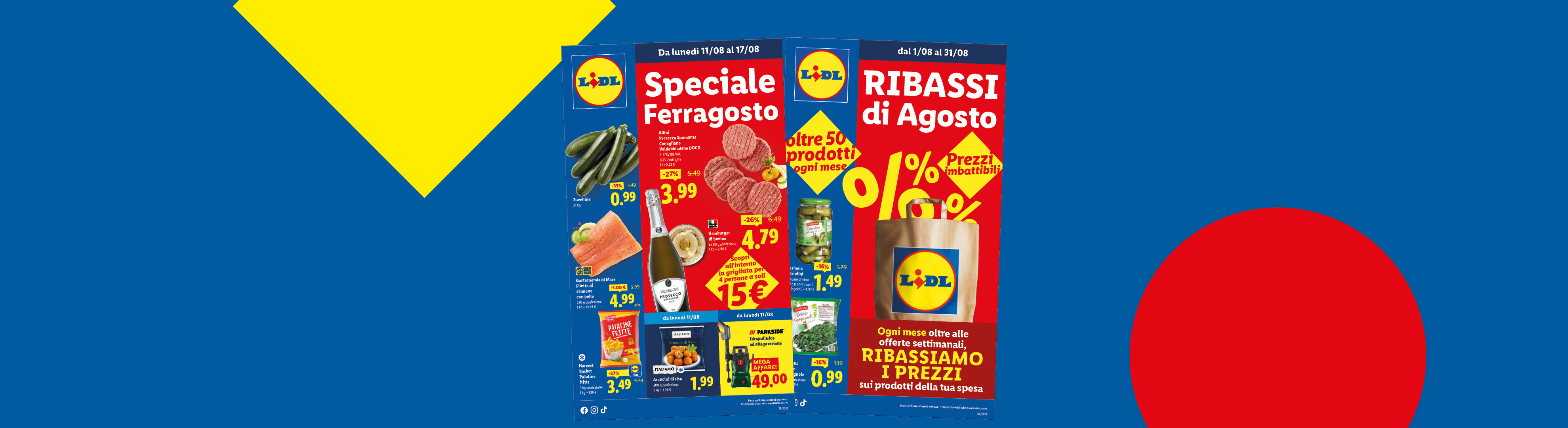 Volantino Lidl con offerte speciali per Ferragosto e Ribassi di agosto, su sfondo blu.
