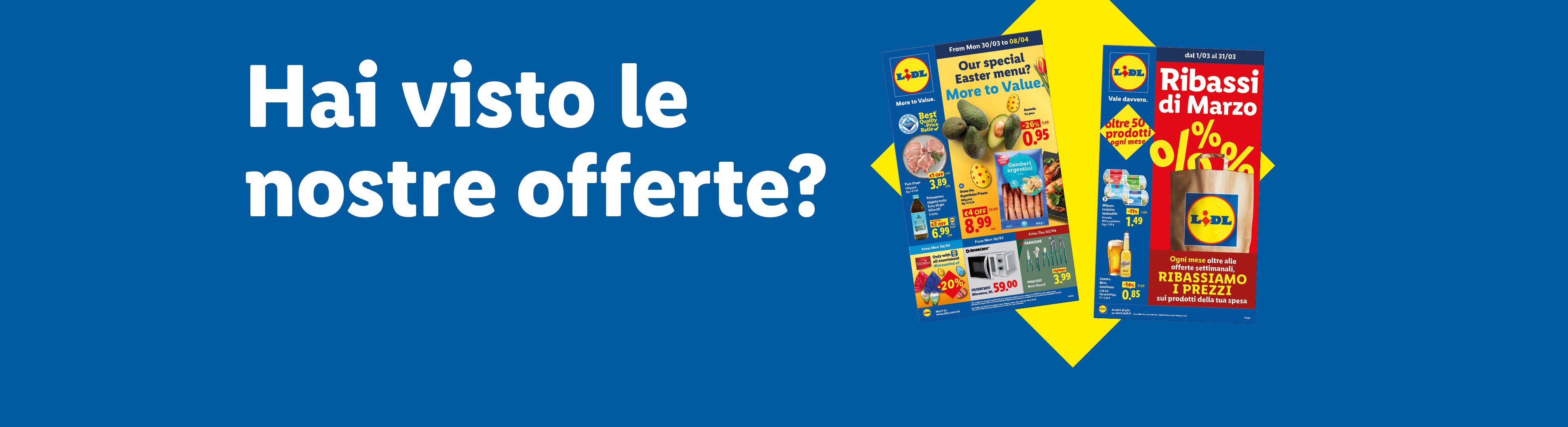 Due volantini Lidl con offerte di Pasqua e sconti di marzo, con prodotti alimentari e per la casa.