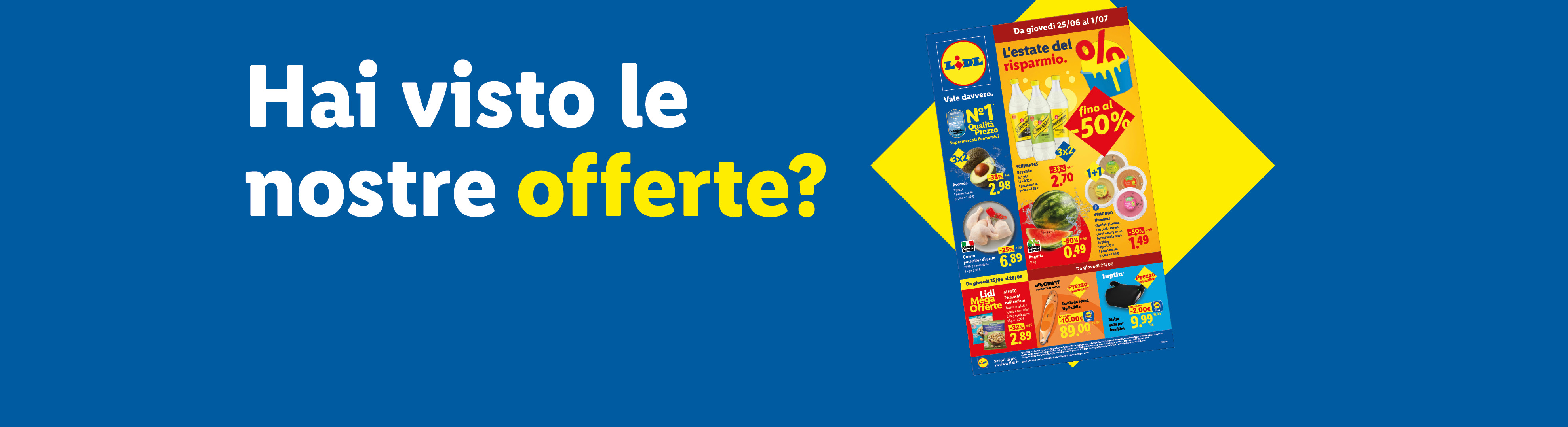 Volantino Lidl con offerte estive su bevande, frutta, carne e articoli per il tempo libero.