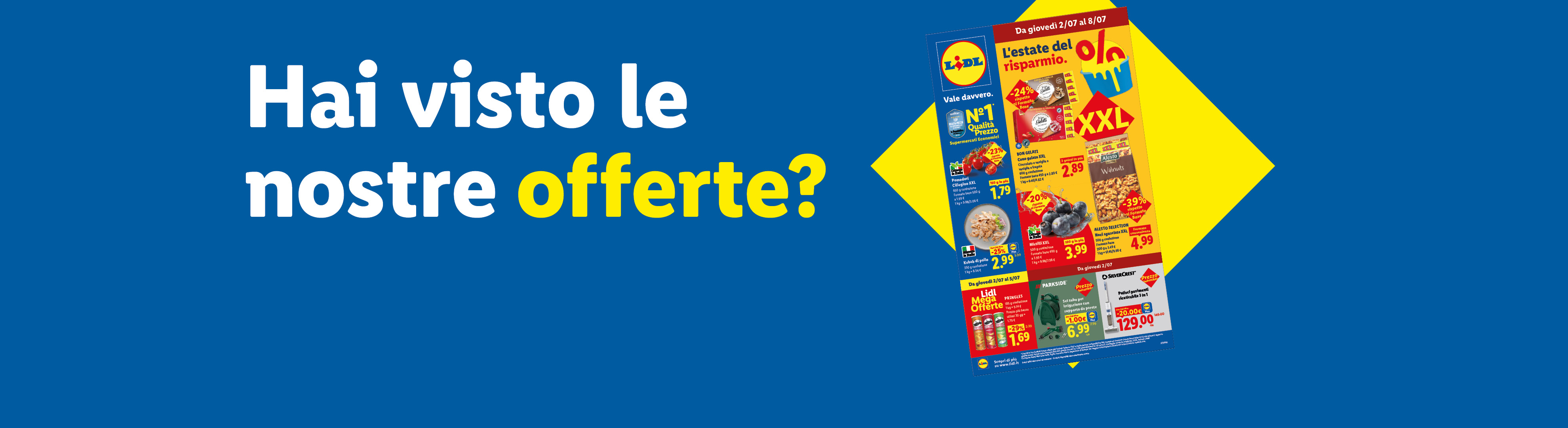 Volantino promozionale con offerte estive su gelati, noci, pomodori, kebab e attrezzi da giardinaggio.