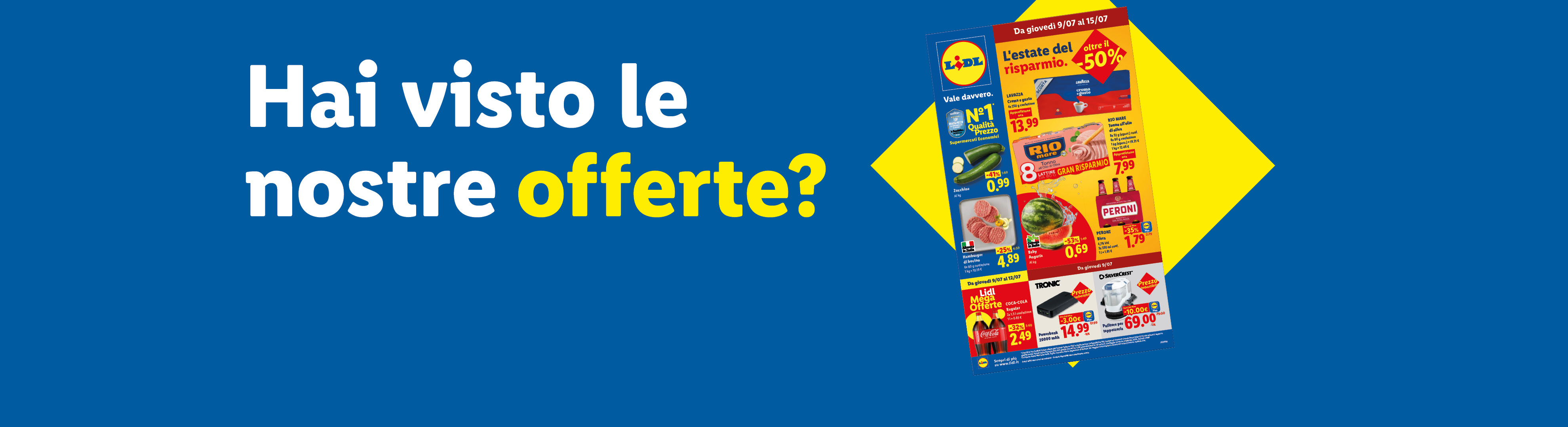 Volantino Lidl con offerte su zucchine, hamburger, tonno, birra, power bank e pulitore per tappezzeria.