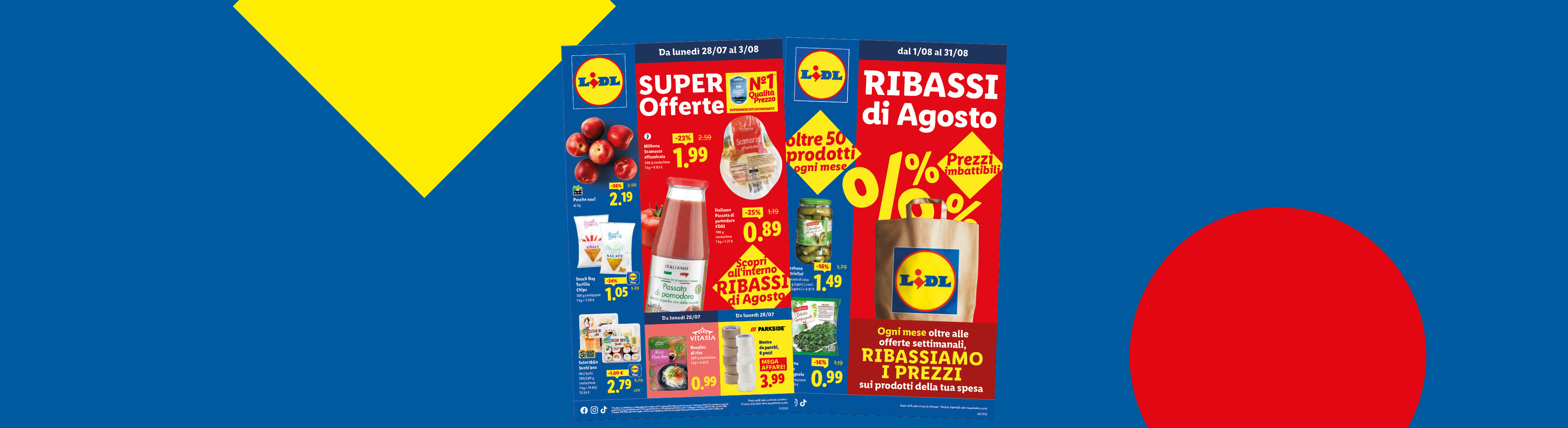 Volantino Lidl con le offerte dal 28/07 e Ribassi di Agosto su sfondo blu