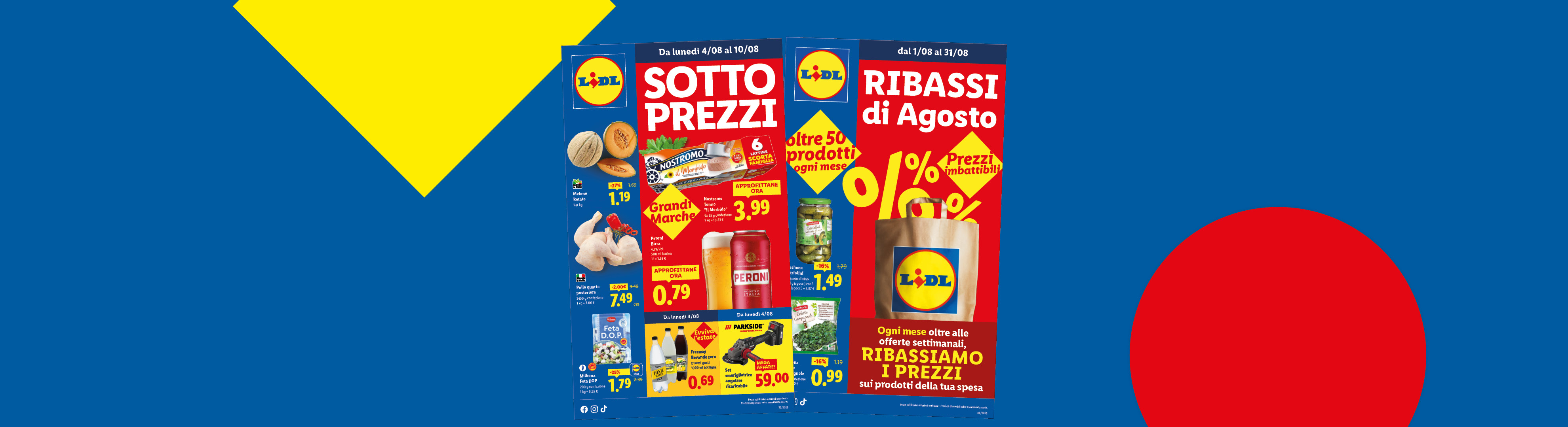 Volantini Lidl con offerte di agosto: sconti su prodotti alimentari e per la casa, marche come Nostromo e Peroni.