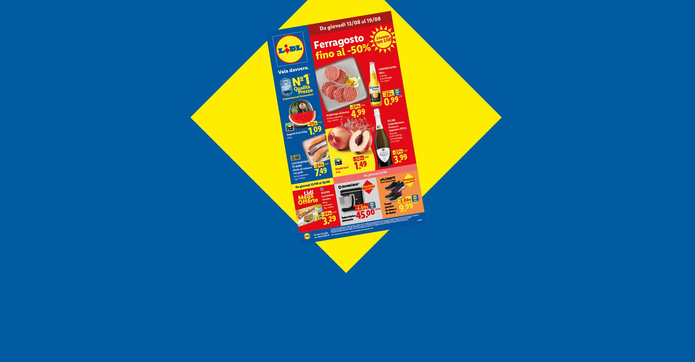 Offerte di Ferragosto con sconti fino al -50% su carne, frutta, pesce, bevande e articoli per la casa.
