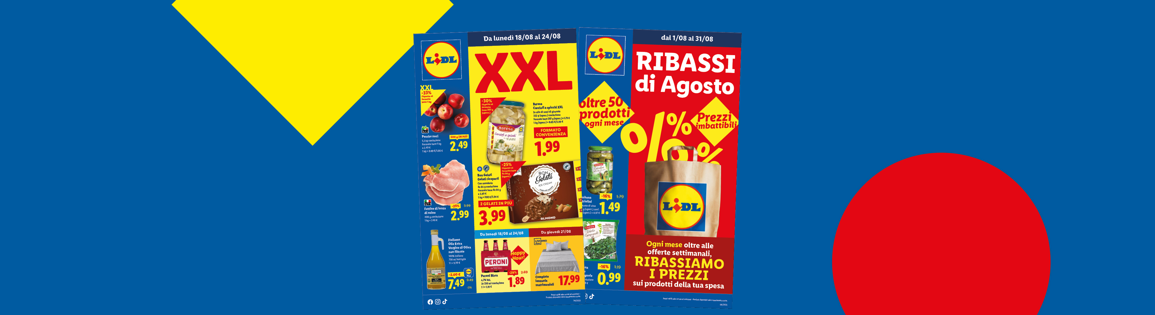 Volantino Lidl con offerte su prodotti alimentari come frutta, carne, conserve e gelati, oltre a birra Peroni e biancheria da letto.