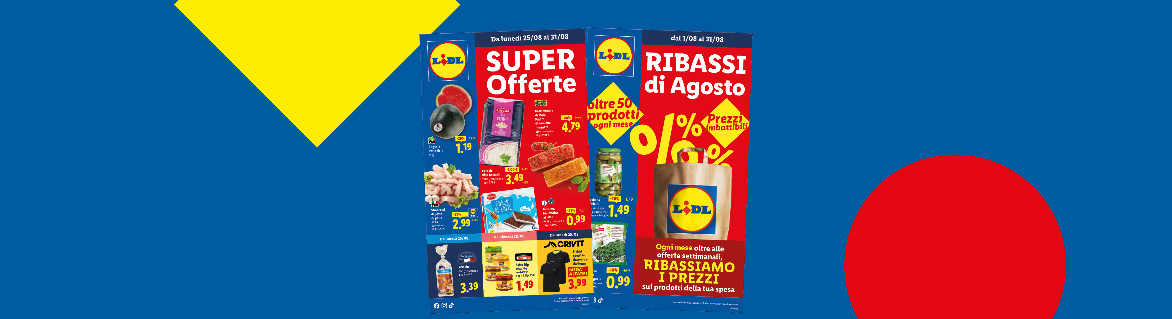 Volantino di offerte Lidl con prodotti alimentari come riso, salmone, pollo e dolci, oltre a una maglietta sportiva.