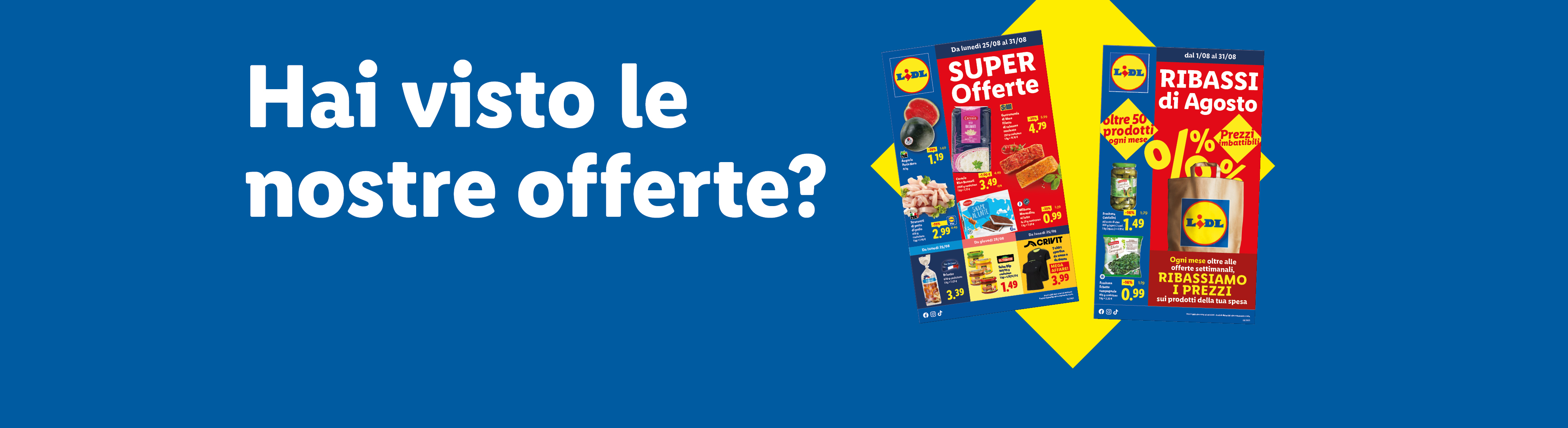 Volantino di un supermercato con offerte su prodotti alimentari e abbigliamento sportivo.