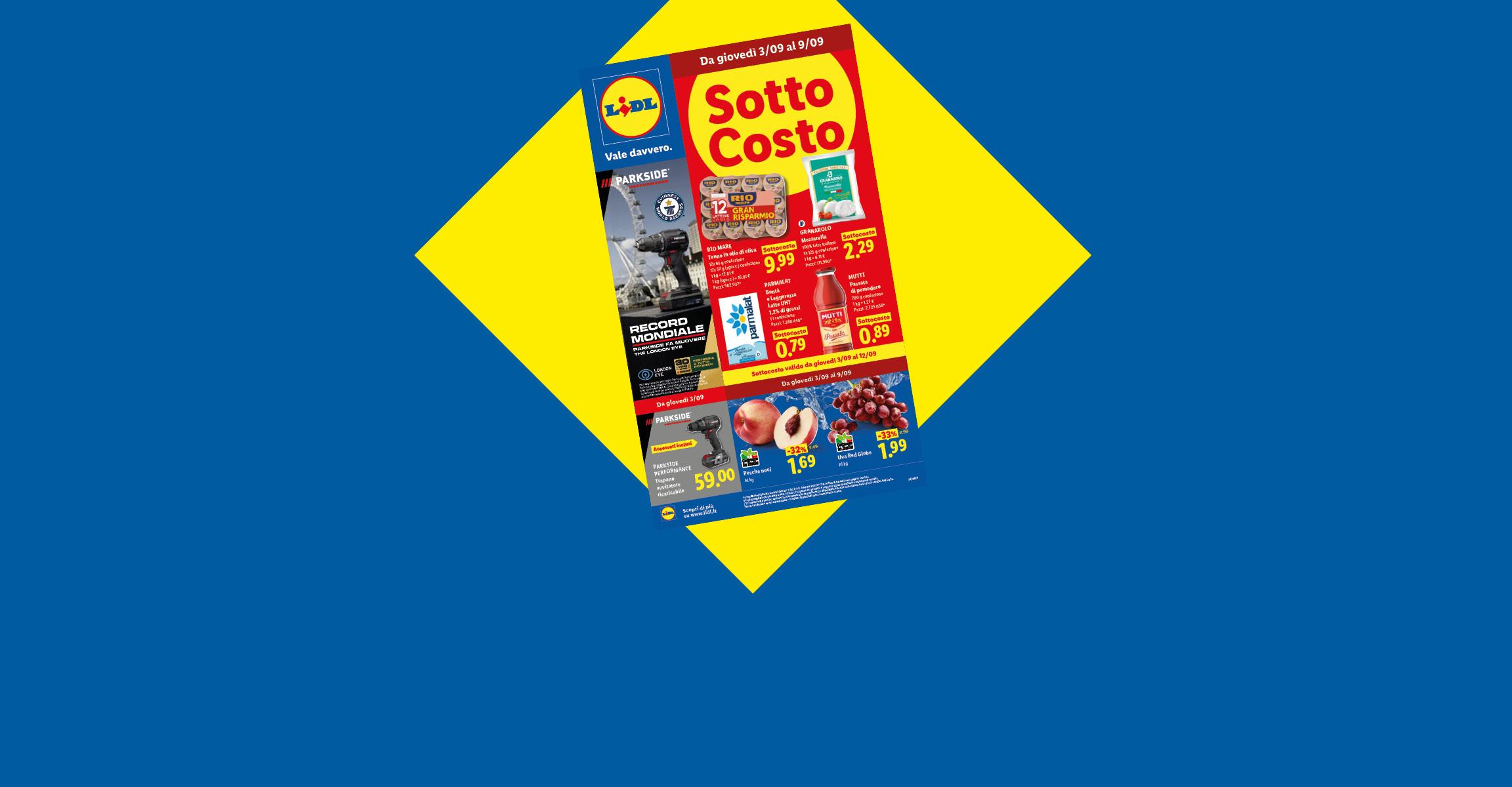 Volantino Lidl con offerte su alimentari, trapano e frutta, con il testo 'Hai visto le nostre offerte?'