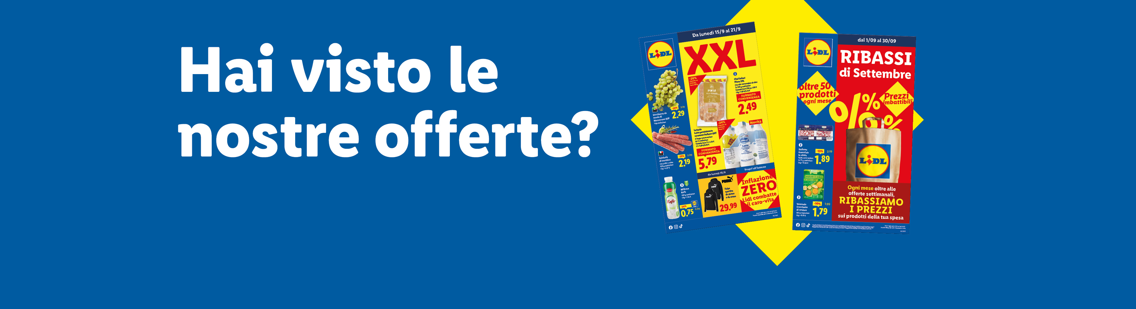 Volantini Lidl con offerte su prodotti alimentari, bevande, abbigliamento e sconti speciali.