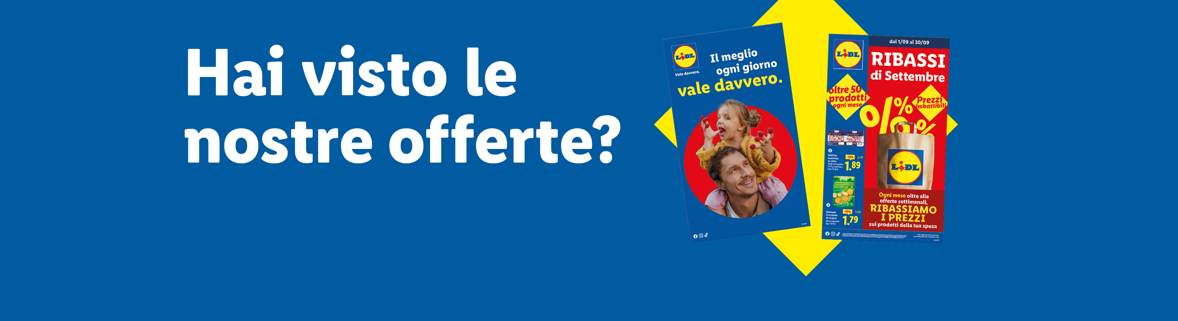 Pubblicità Lidl con volantini che mostrano offerte e sconti su vari prodotti.