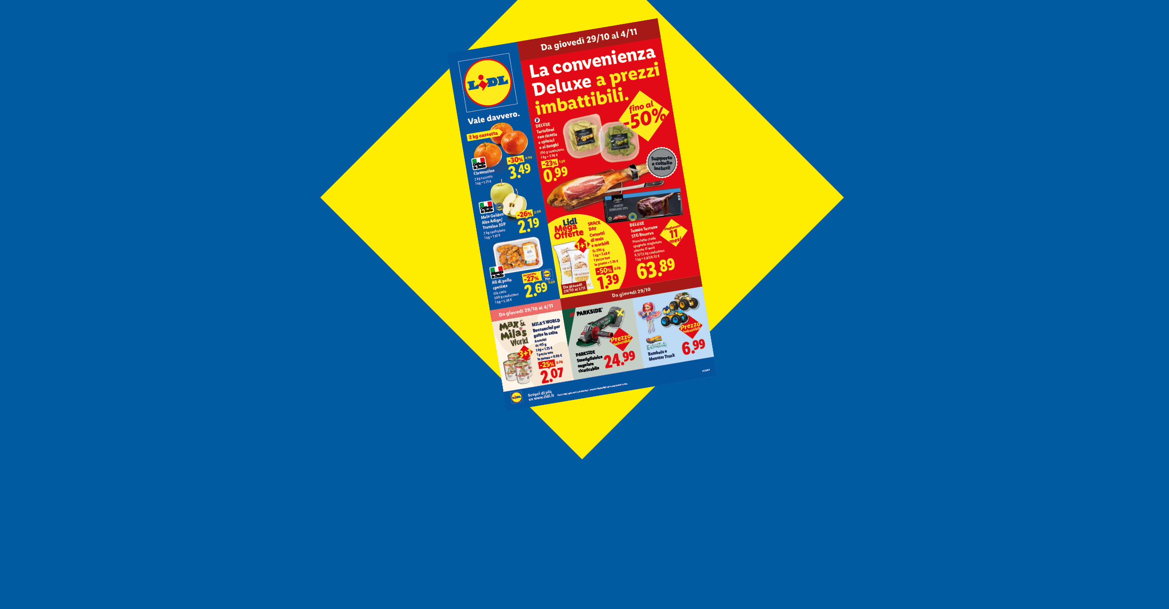 Volantino promozionale con offerte speciali su alimentari e articoli per la casa.