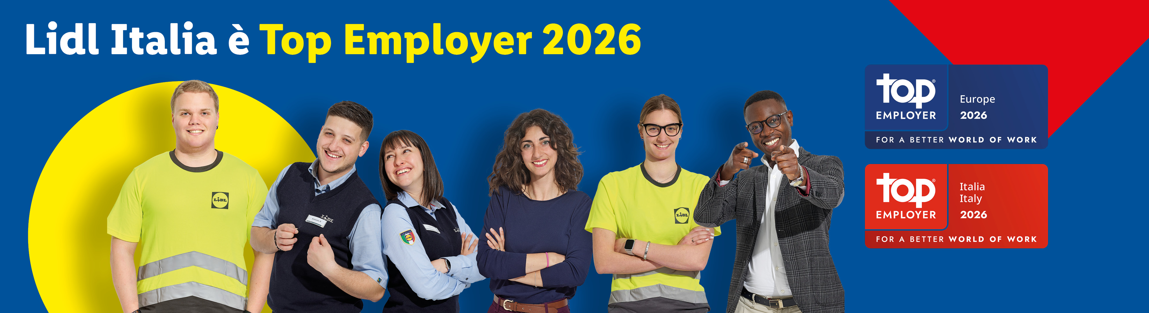 Lidl Italia è Top Employer 2026, con dipendenti sorridenti e loghi Top Employer.