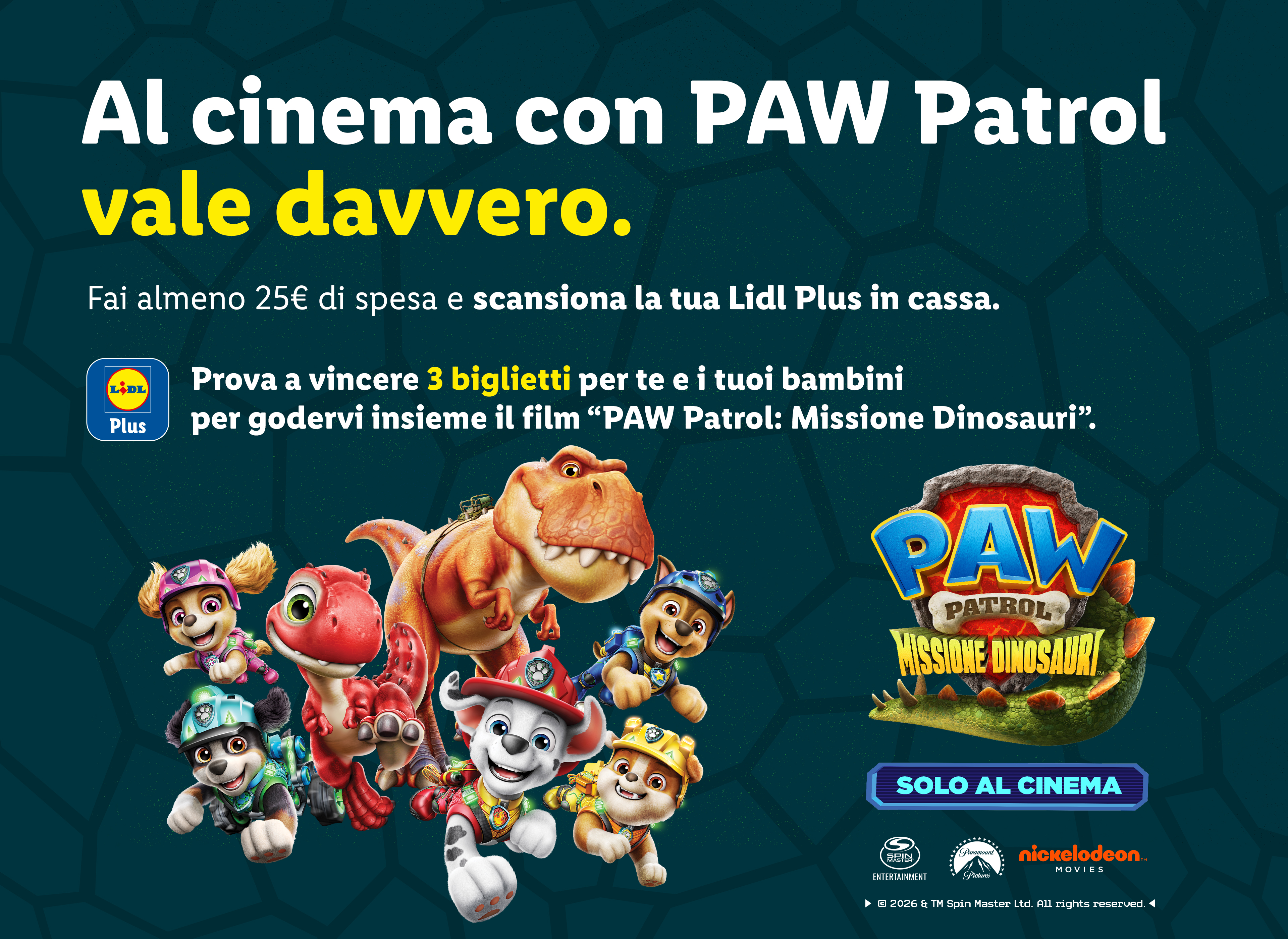 Promozione cinema con personaggi animati e dinosauri, con offerta di biglietti per acquisti superiori a 25€.