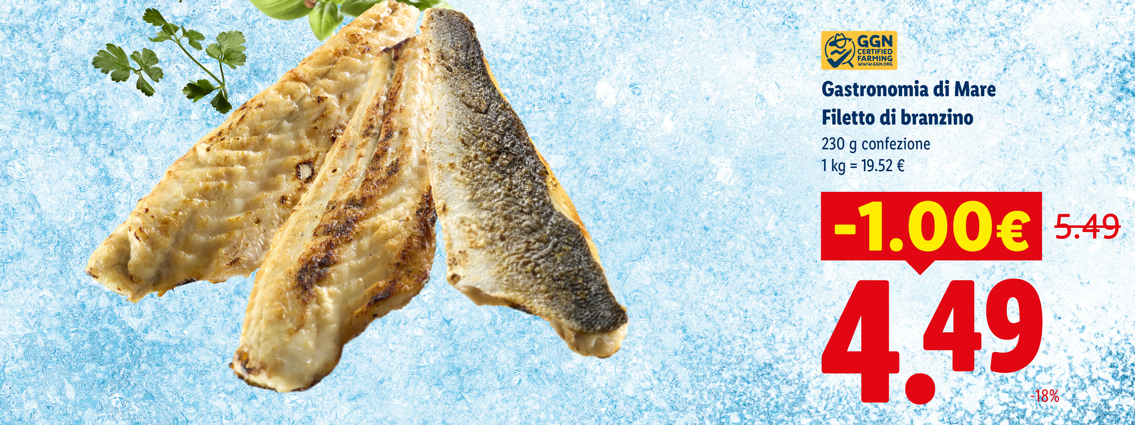 Filetti di branzino grigliati con prezzemolo e basilico, offerta speciale a 4,49 €.