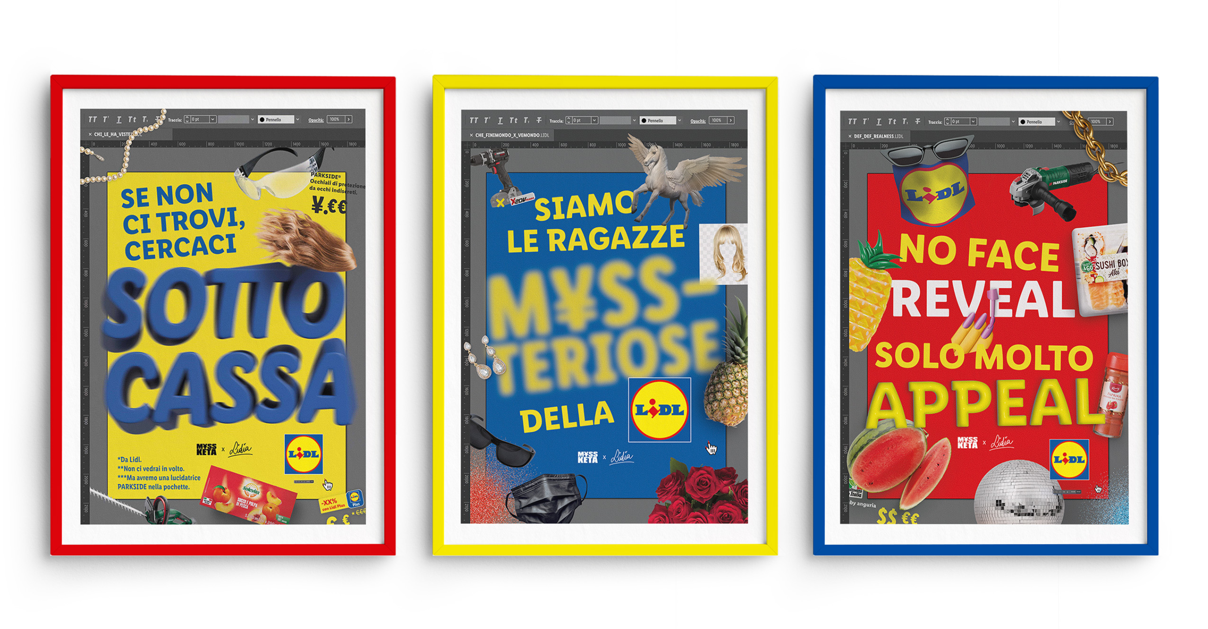 Tre poster pubblicitari Lidl con slogan e prodotti come occhiali da sole, ananas e anguria.