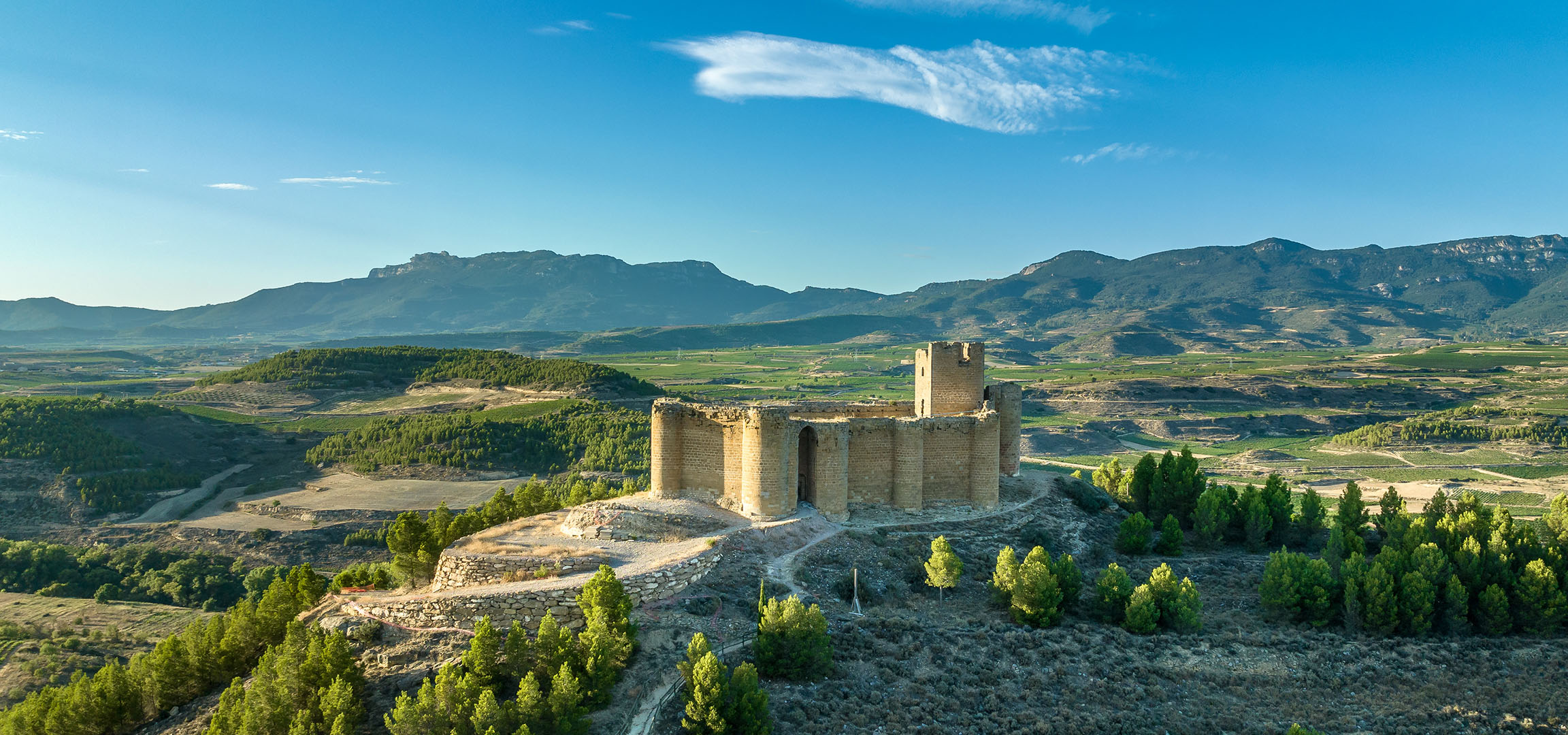 Antiche rovine di un castello su una collina che domina una valle con vigneti e montagne.