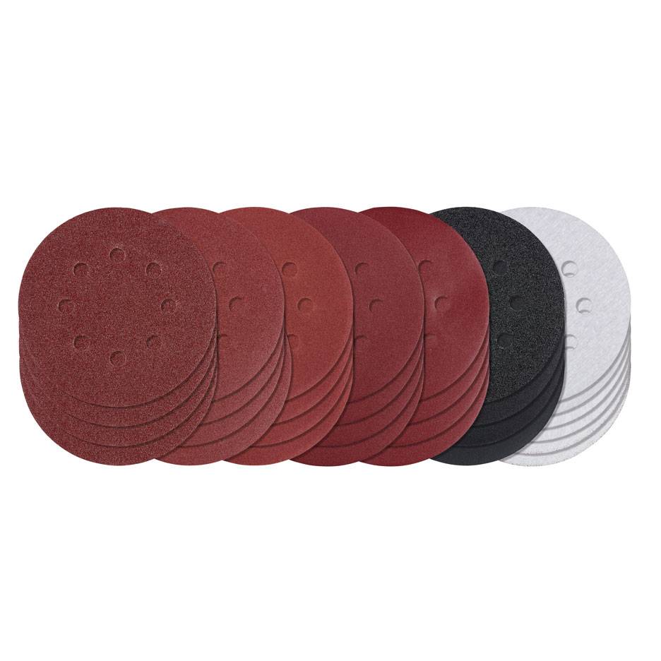 Assortimento di dischi abrasivi rotondi in varie grane e colori, inclusi rosso, nero e bianco.