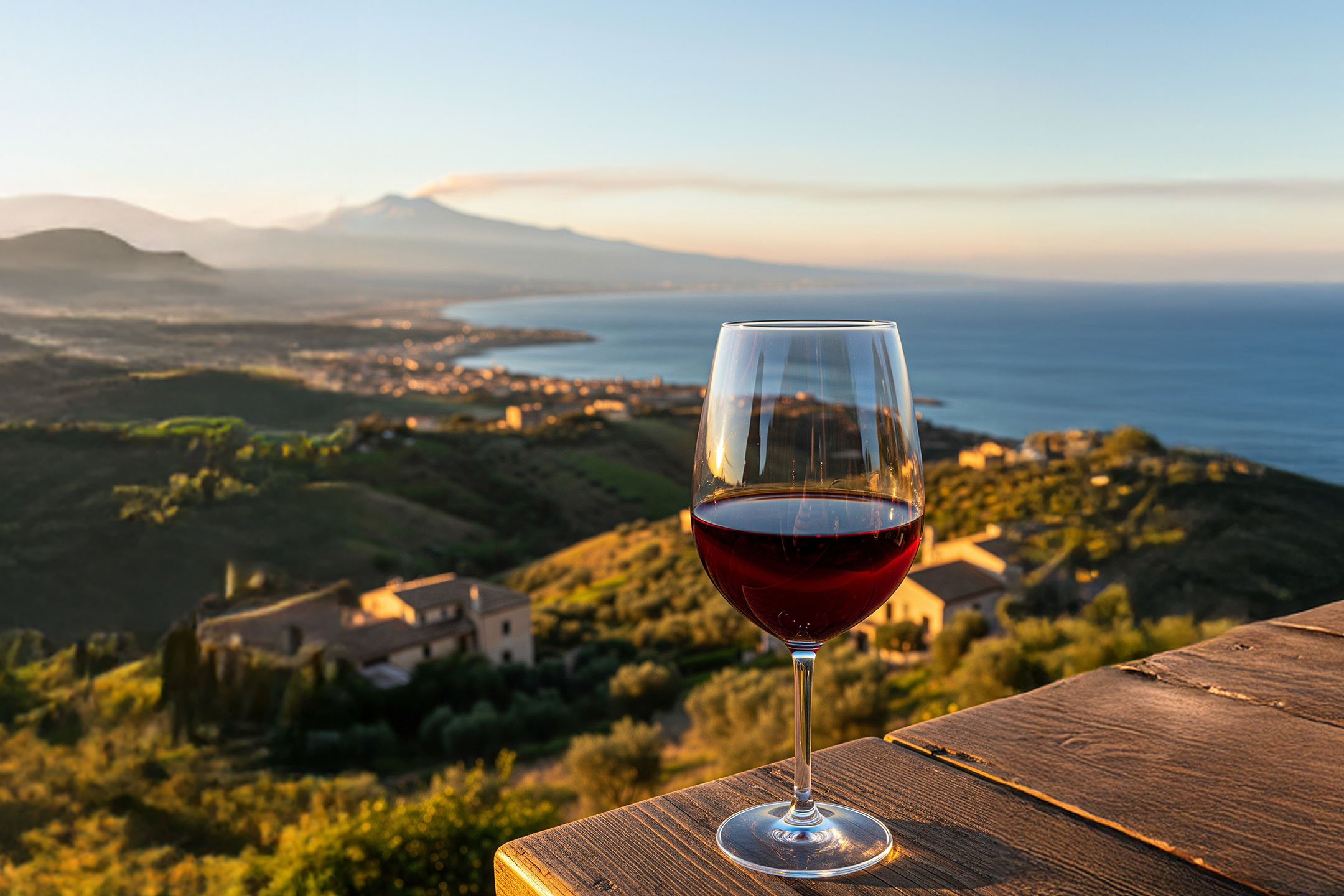Calice di vino rosso su terrazza in legno con vista mare e montagne al tramonto.