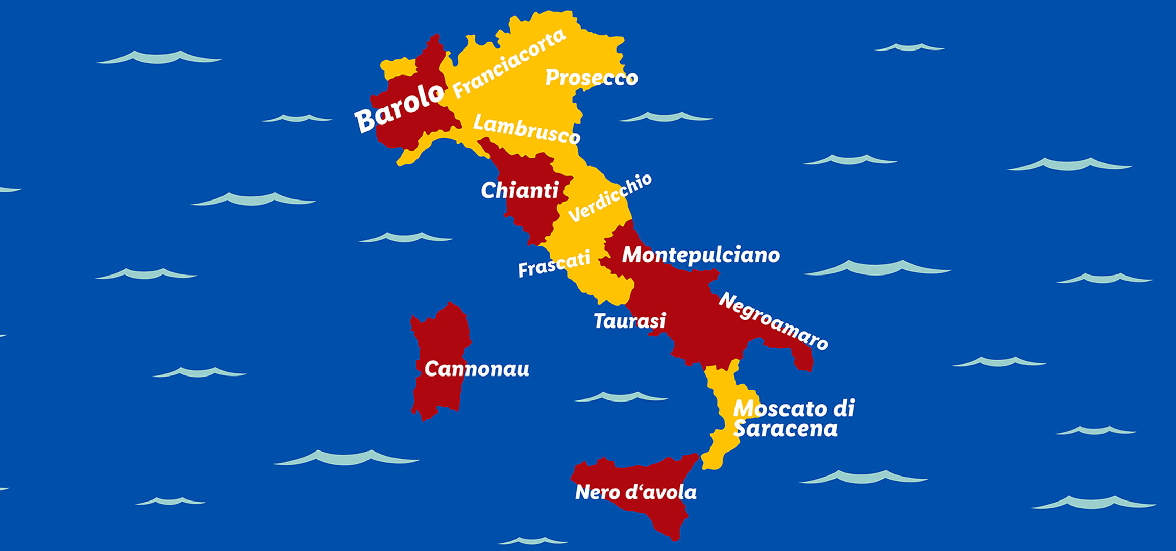 Mappa delle regioni vinicole italiane con Barolo, Prosecco, Chianti e Nero d'Avola.
