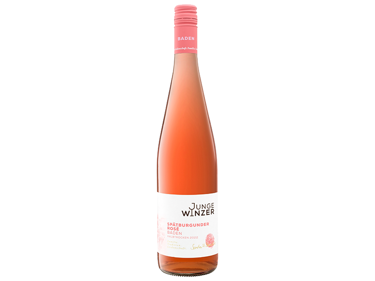 Una bottiglia di vino Junge Winzer Spätburgunder Rosé con un'etichetta rosa.