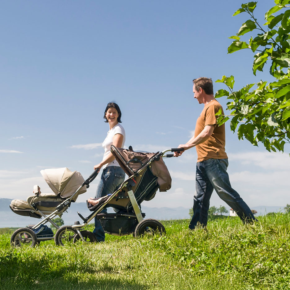 Una famiglia passeggia in un prato con un passeggino.