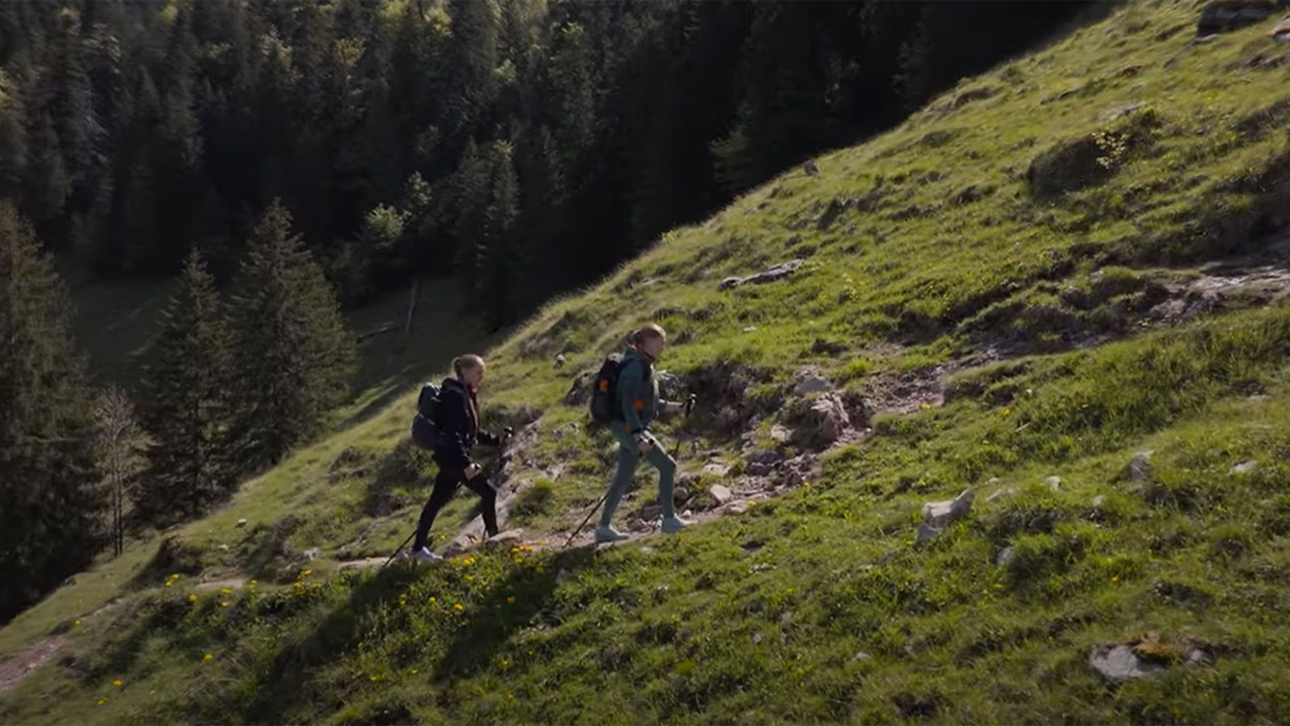 Due escursionisti con zaini in spalla salgono per un sentiero di montagna.