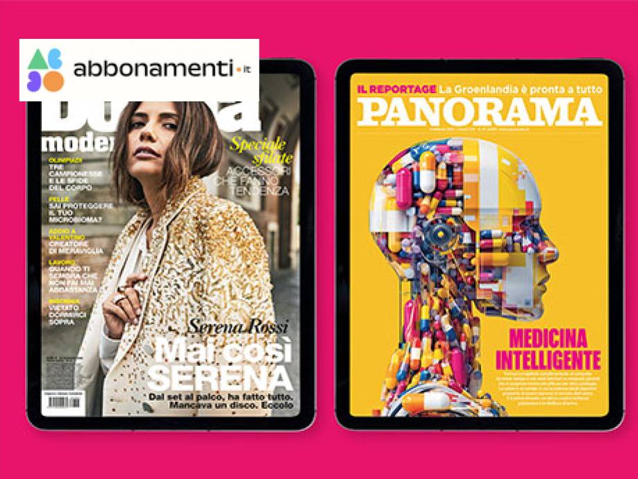 Due tablet mostrano copertine di riviste digitali: una con una donna in giacca dorata, l'altra con una testa umana fatta di pillole.