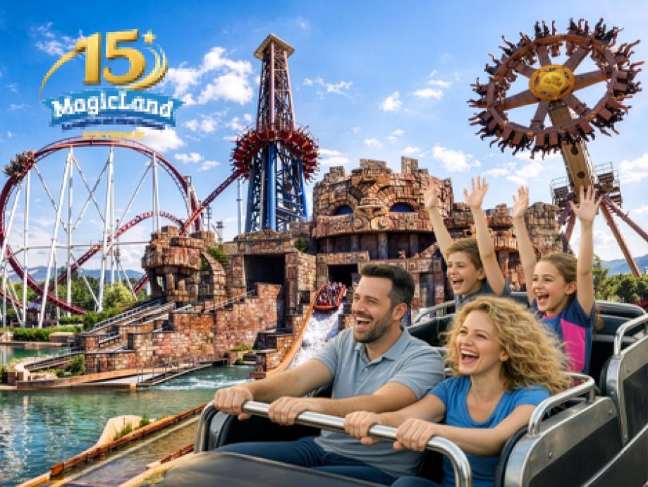 Famiglia felice su un'attrazione acquatica in un parco divertimenti con montagne russe e altre giostre.