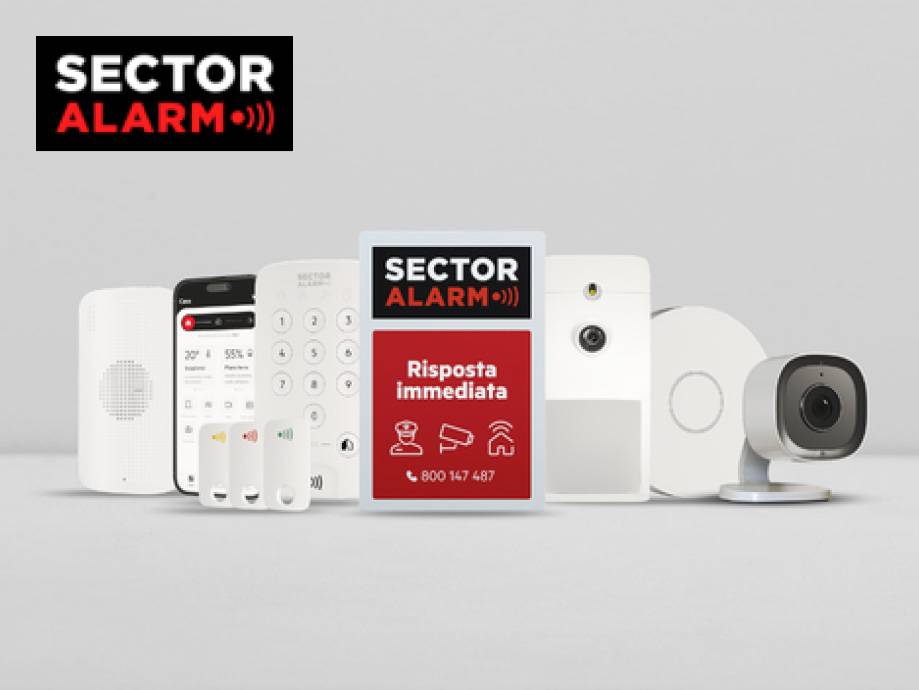 Sistema di allarme domestico con pannello di controllo, sensori e telecamere, con testo 'Risposta immediata'.