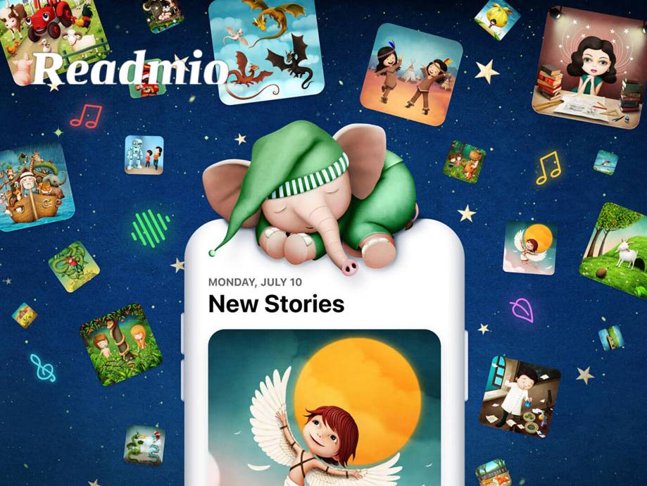 Un elefante addormentato su uno smartphone con la scritta 'New Stories', circondato da immagini di fiabe.