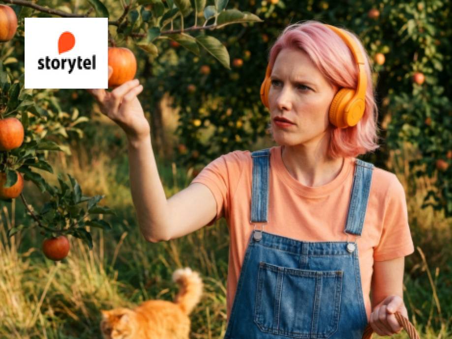 Donna con cuffie rosa che raccoglie mele in un frutteto, con un gatto in primo piano.